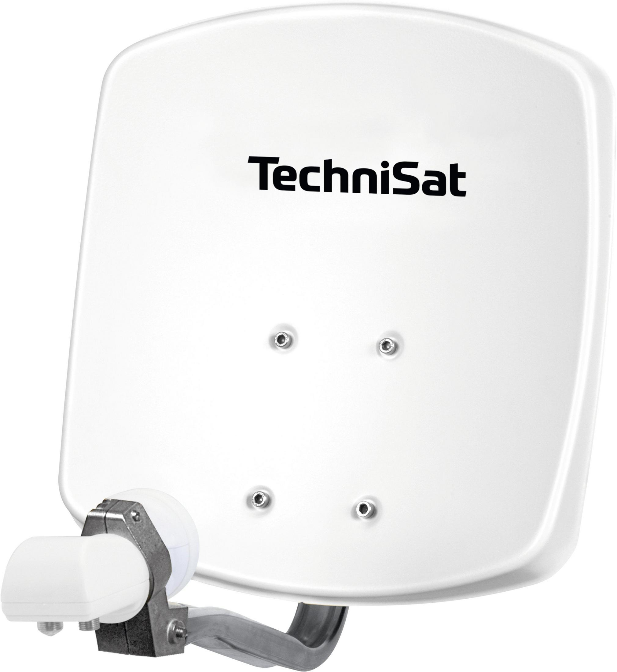 Weiße Satellitenschüssel mit dem Text 'TechniSat'. Schwarzer Text auf der Schüssel. Schrauben sichtbar.