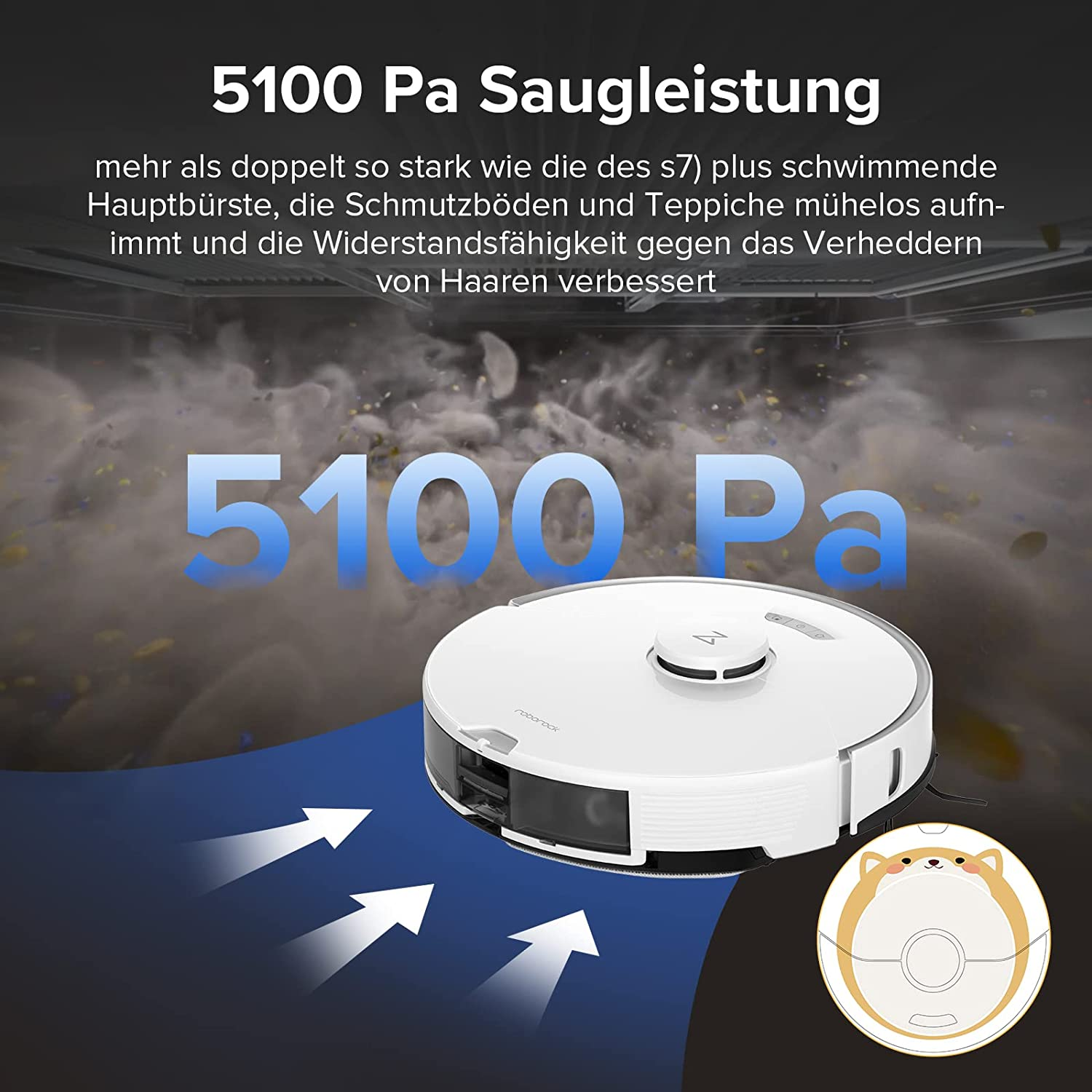 Robot vacuum cleaner cleaning, with text about suction power and hair resistance.