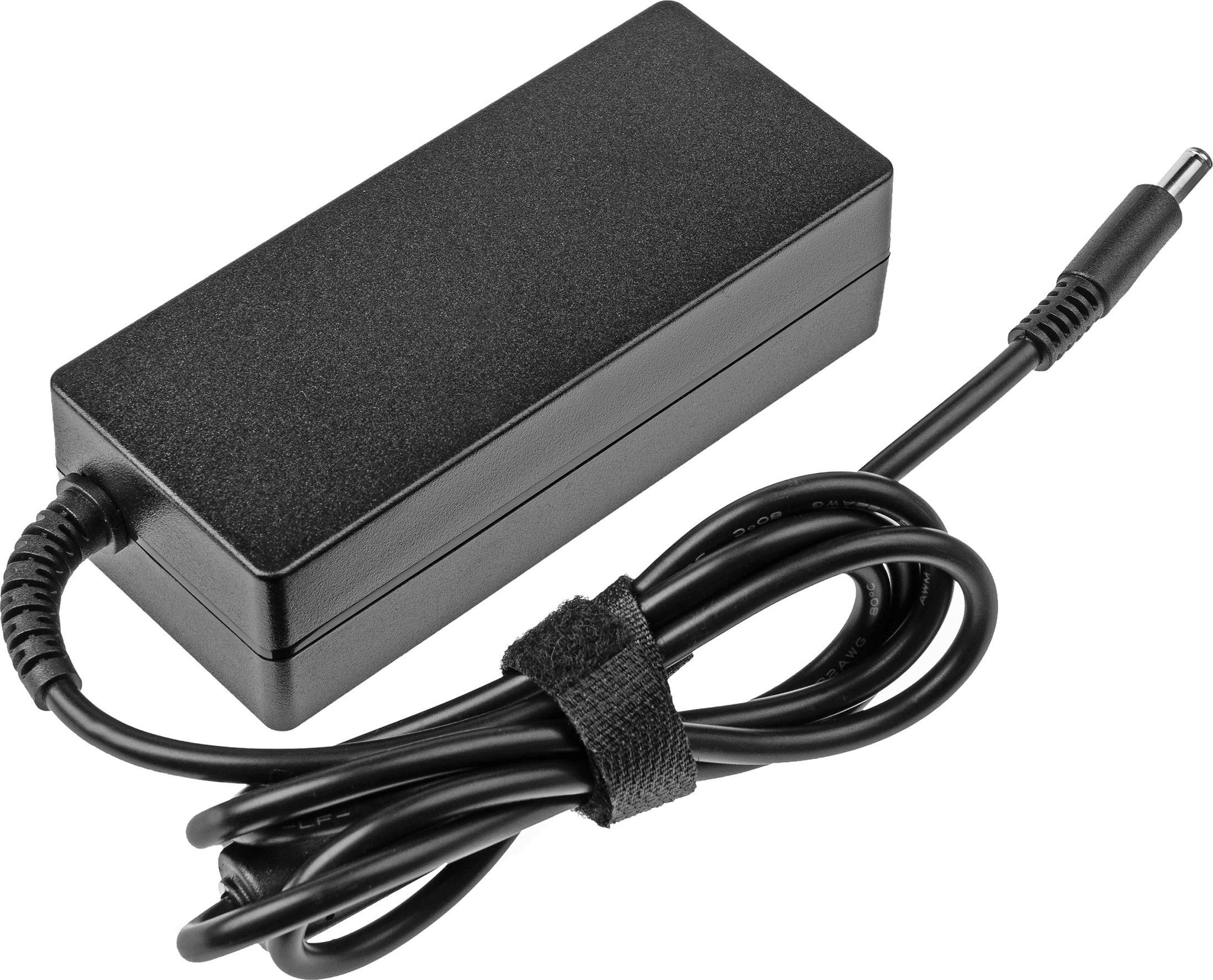 Adattatore di alimentazione per laptop nero con cavo e cinturino in velcro. Sfondo bianco.