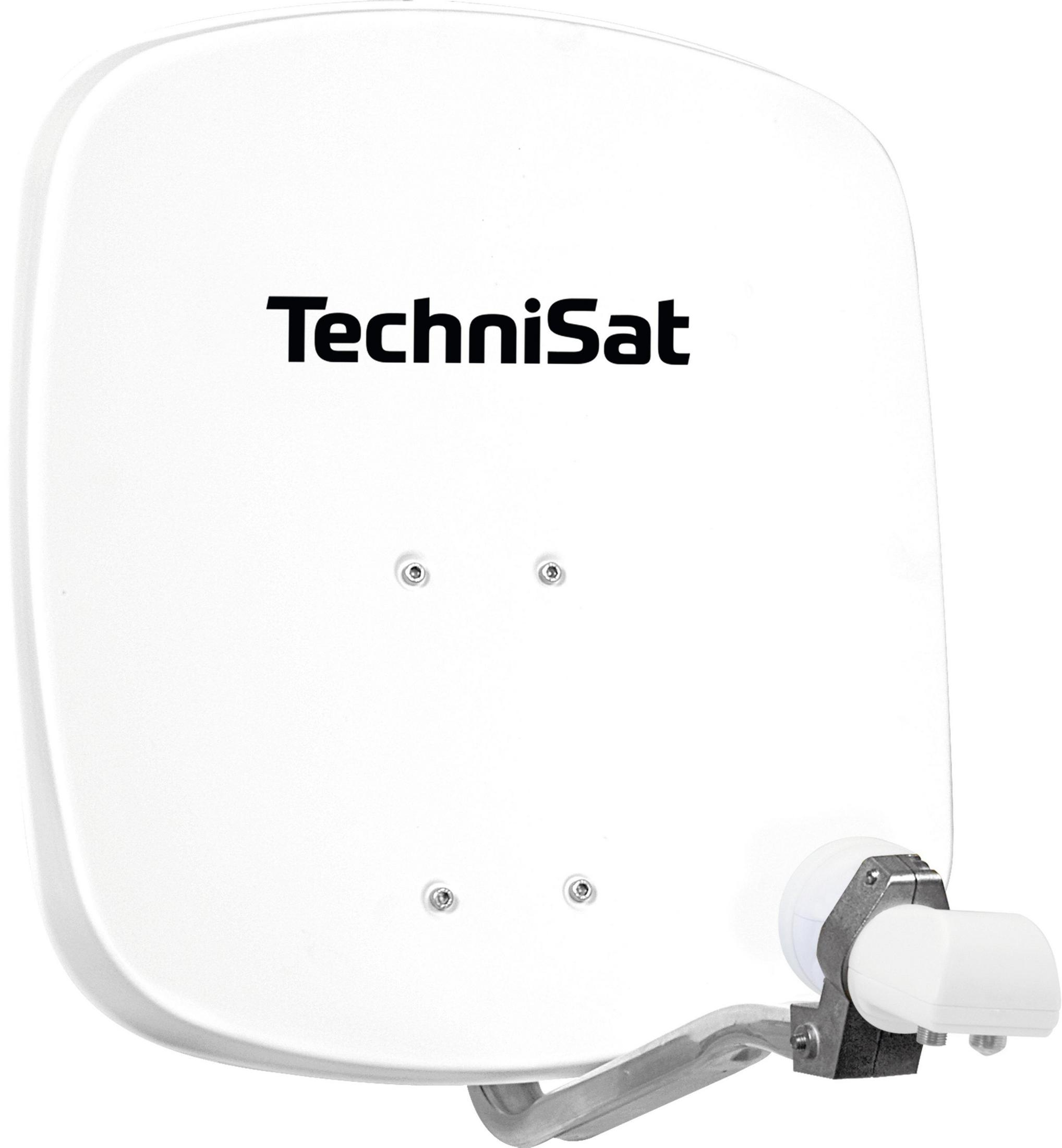 Weiße TechniSat-Satellitenschüssel mit Markennamen, auf weißem Hintergrund.