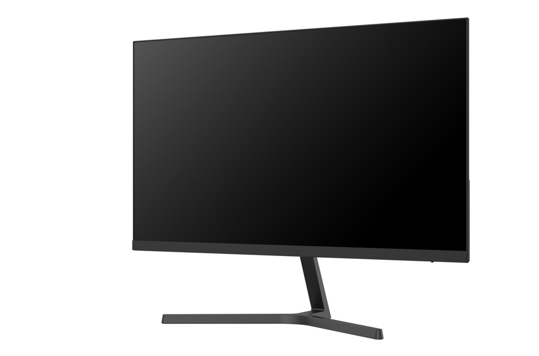 Monitor nero con una cornice sottile e un supporto nero su sfondo bianco.