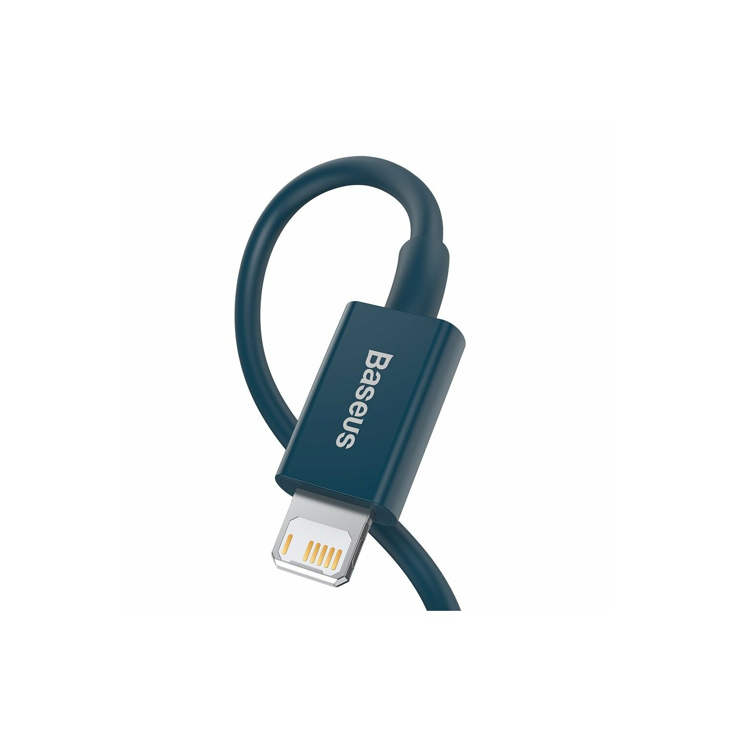 Un cavo Baseus blu con connettore Lightning, isolato su sfondo bianco.
