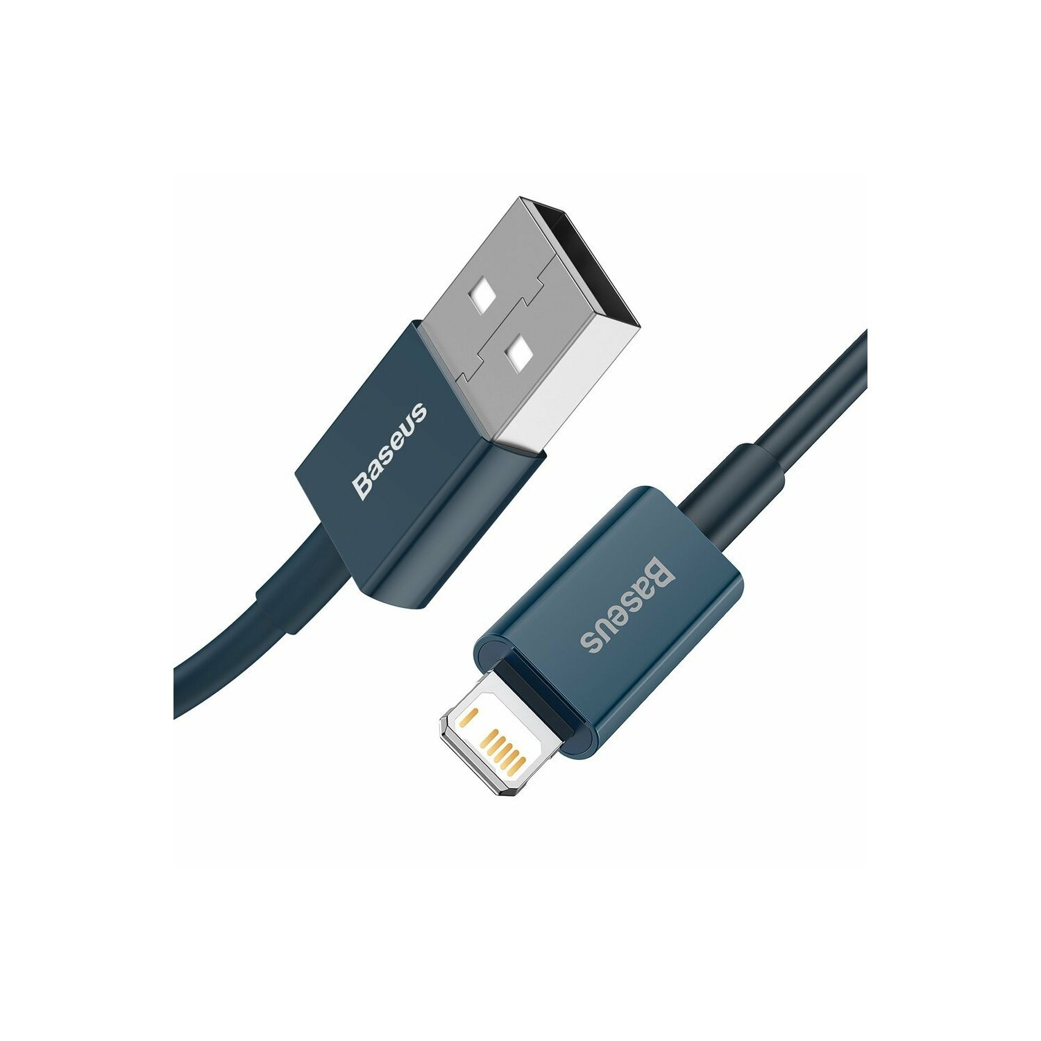 Cavo da USB a Lightning, blu scuro con marchio Baseus su entrambe le estremità.