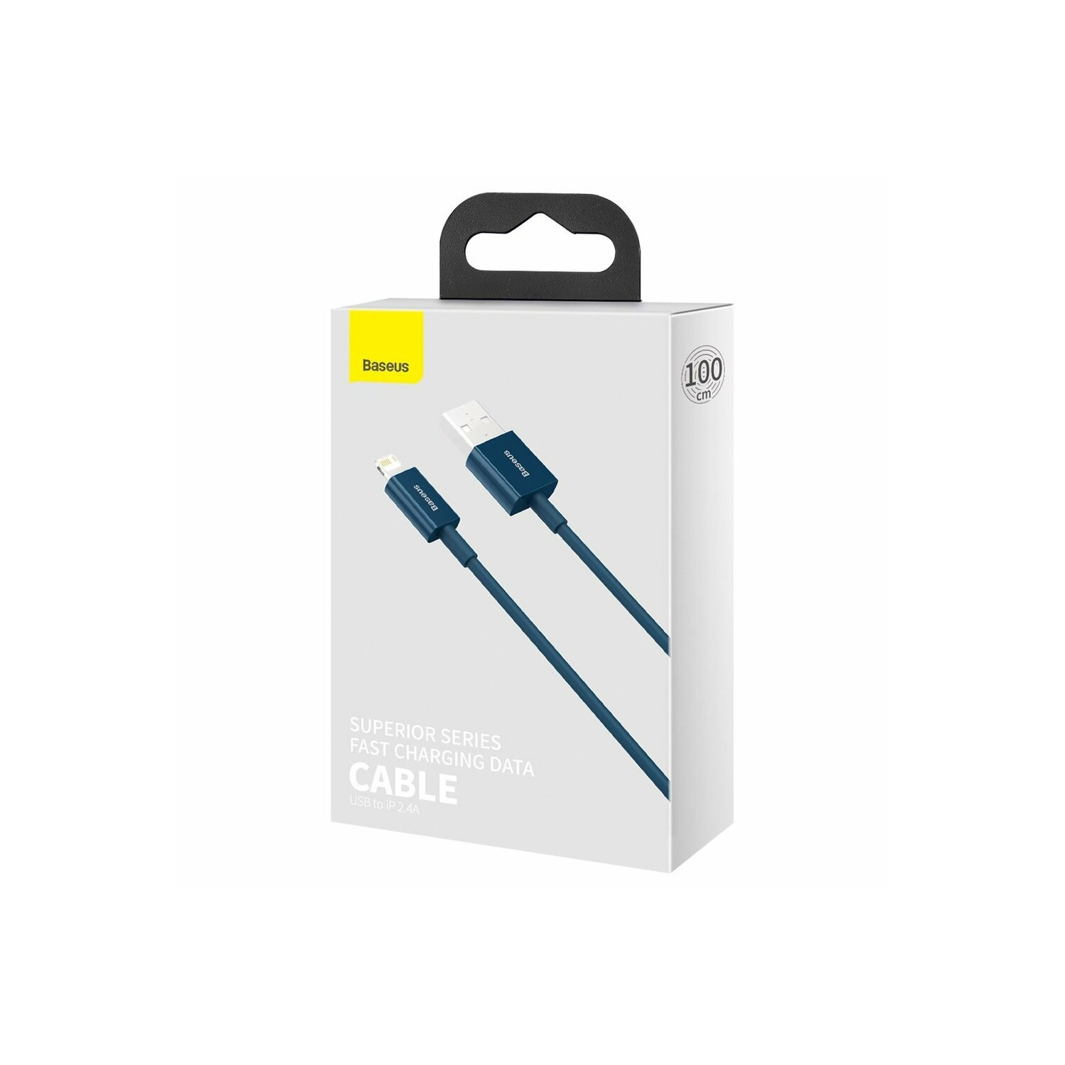 Scatola bianca con manico nero, cavo blu e testo: 'FAST CHARGING DATA CABLE'.