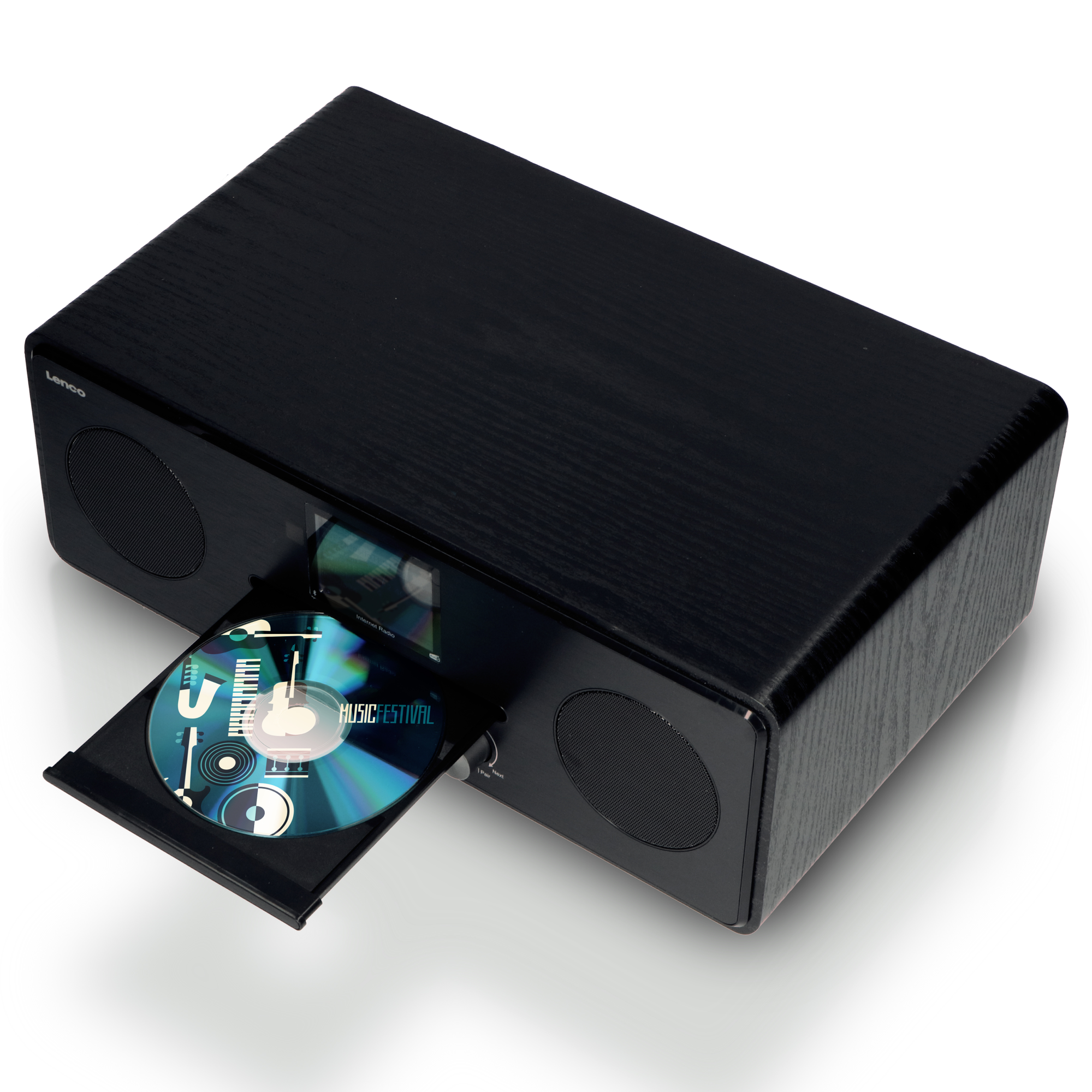 Czarny odtwarzacz CD Lenco z otwartą szufladą na płyty CD, wyświetlający kolorową płytę CD.
