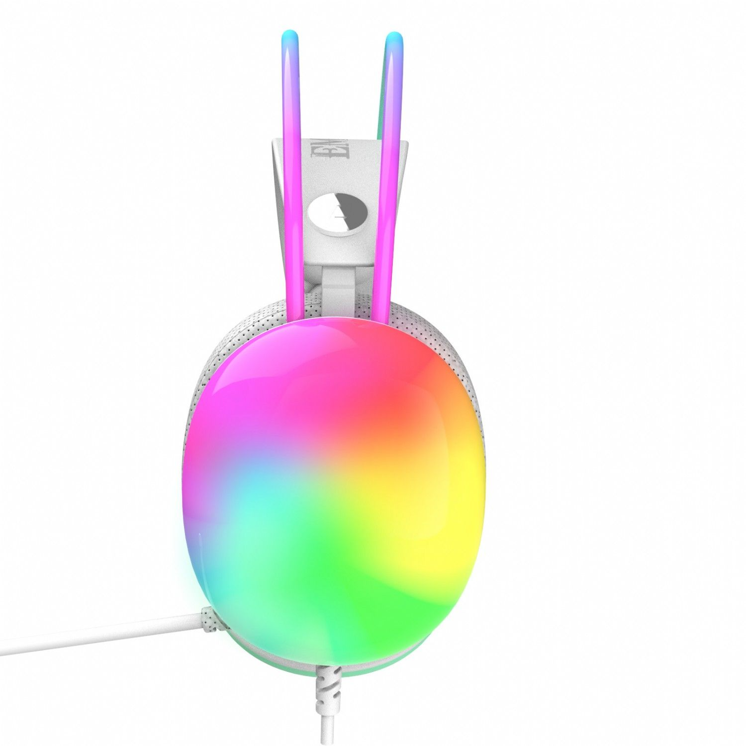 White and colorful headphones with rainbow-colored earcups, visible cable.