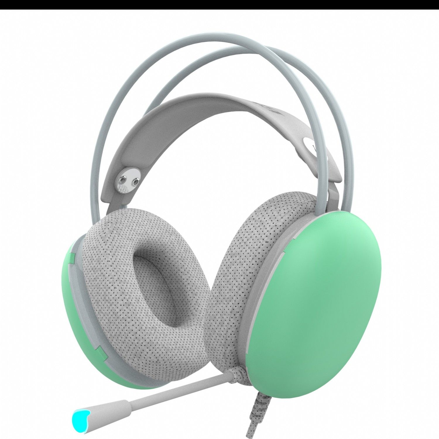 Mint green and gray headphones with a microphone. The headphones are on a white background.