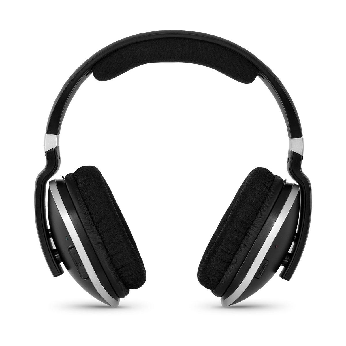 Czarne i srebrne słuchawki. Muszle są czarne, pałąk czarny ze srebrnymi akcentami.