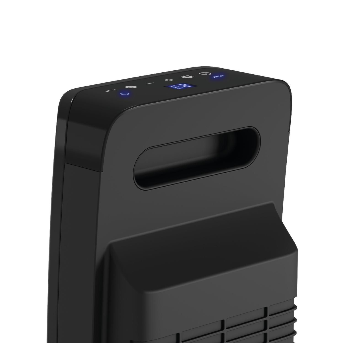 Schwarzer Elektroheizer mit Digitalanzeige der Temperatur. Das Gerät hat einen Griff und Lüftungsschlitze.