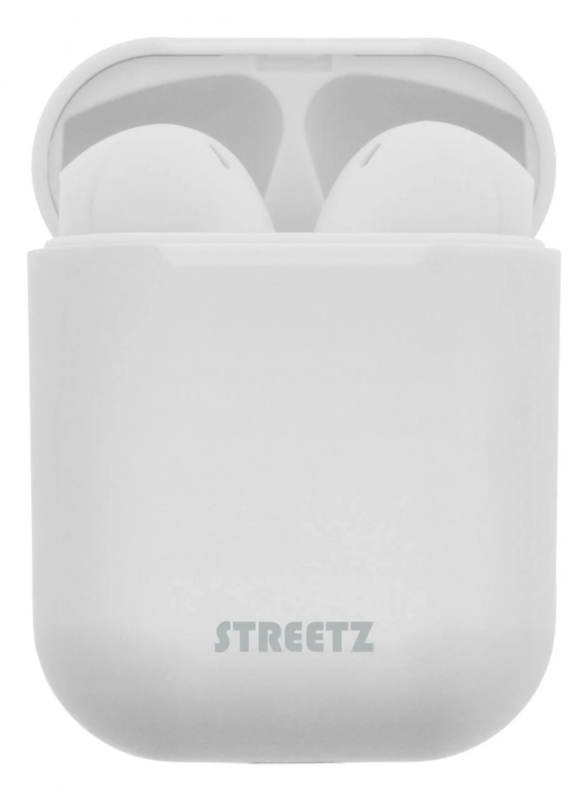 Custodia di ricarica per auricolari bianca, con auricolari dentro, e logo Streetz.