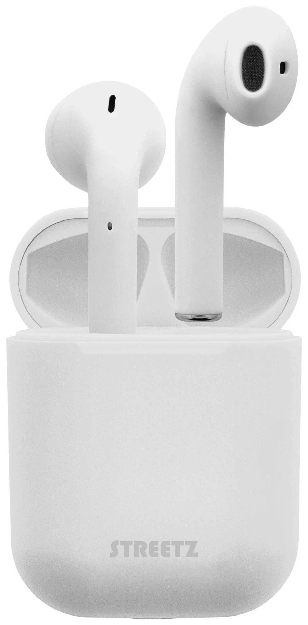 Auricolari wireless bianchi in un case di ricarica. Il testo 'STREETZ' è visibile.