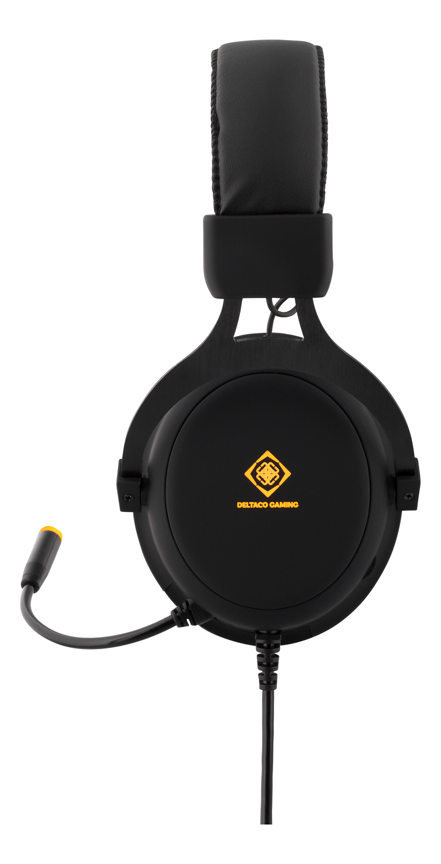 Schwarzes Gaming-Headset mit Mikrofon. Gelbes Logo auf der Ohrmuschel.