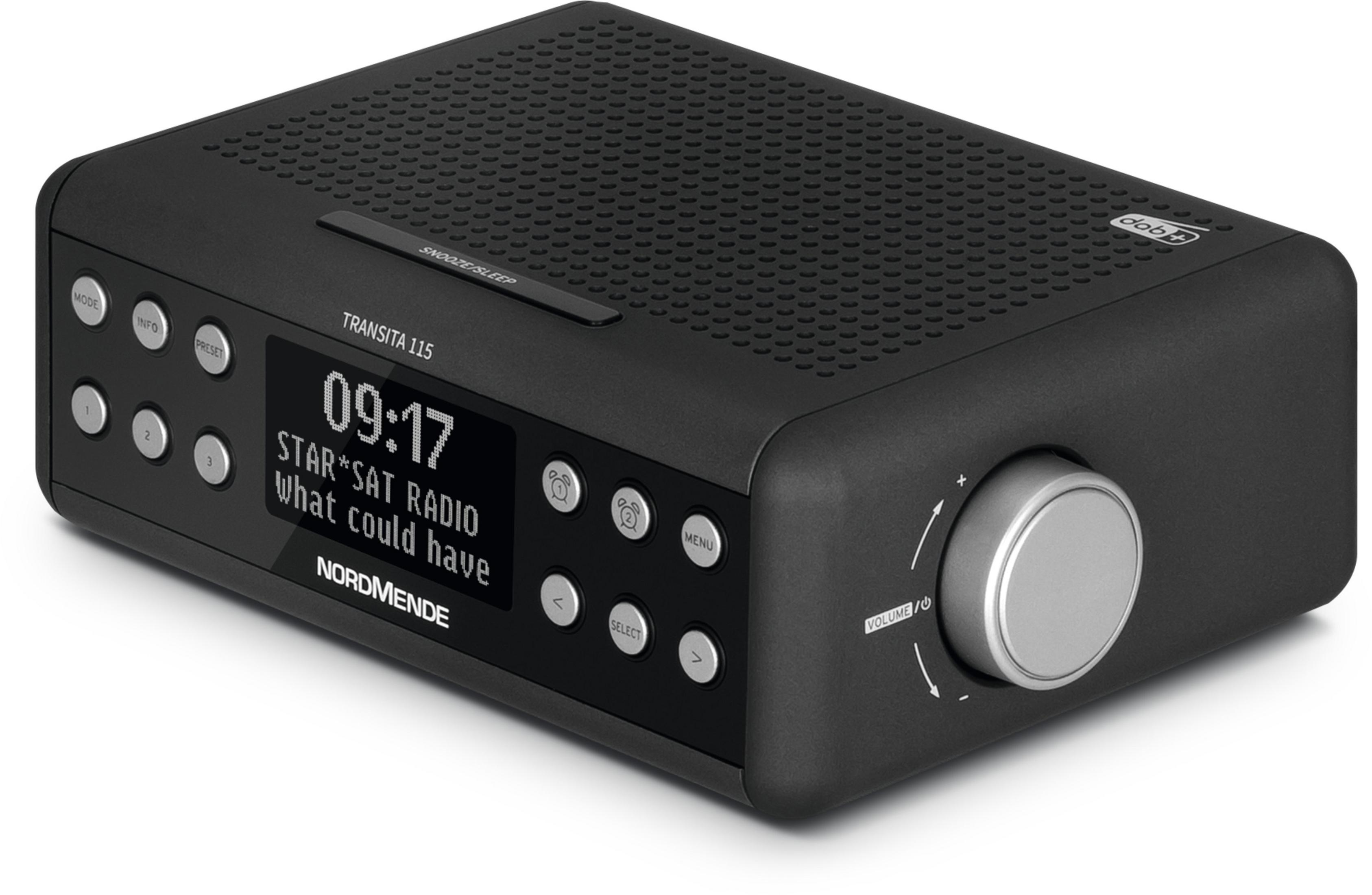 Una radio Nordmende negra con una pantalla que muestra la hora e información de la emisora.