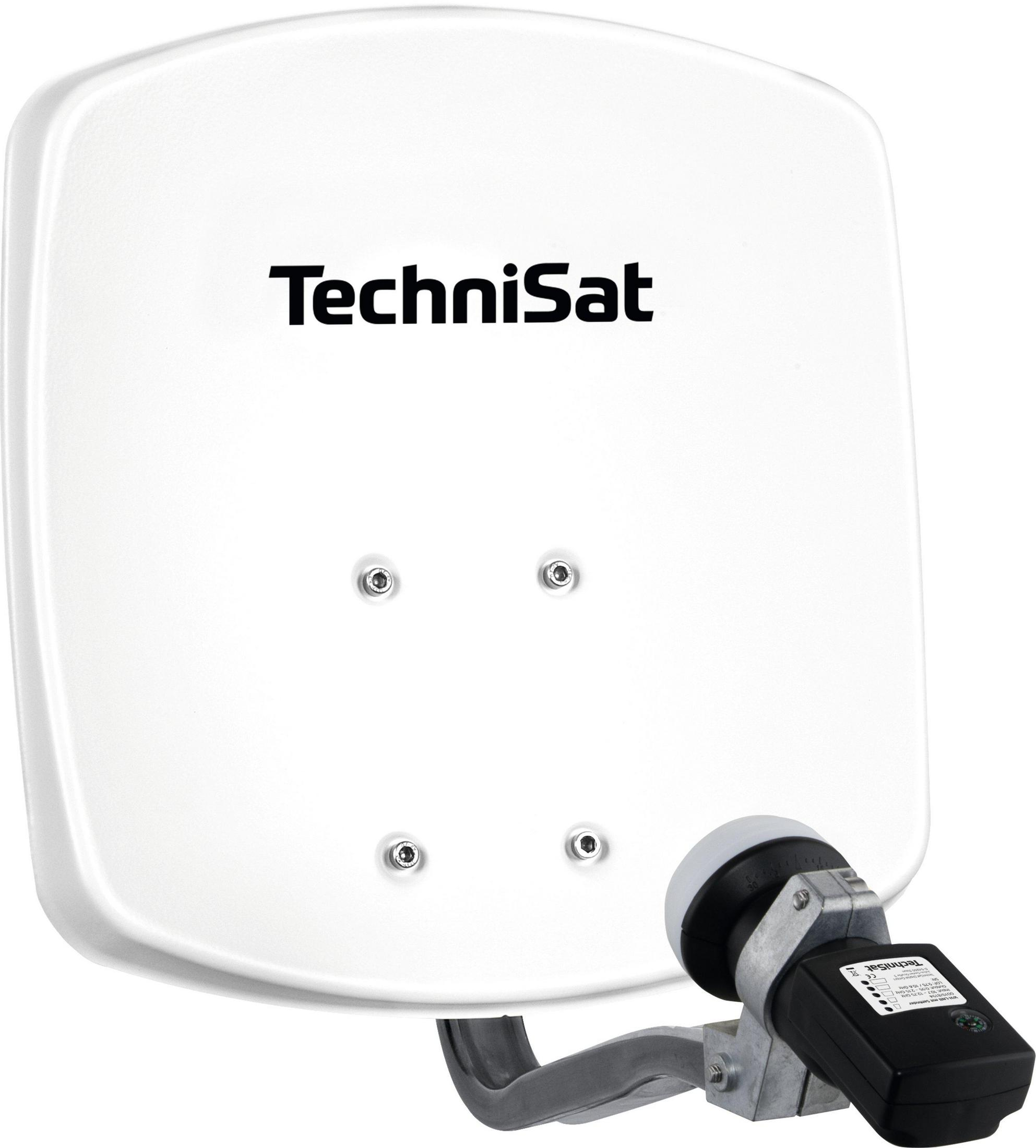 Eine weiße TechniSat-Satellitenschüssel mit TechniSat-Logo und schwarzem Empfänger.