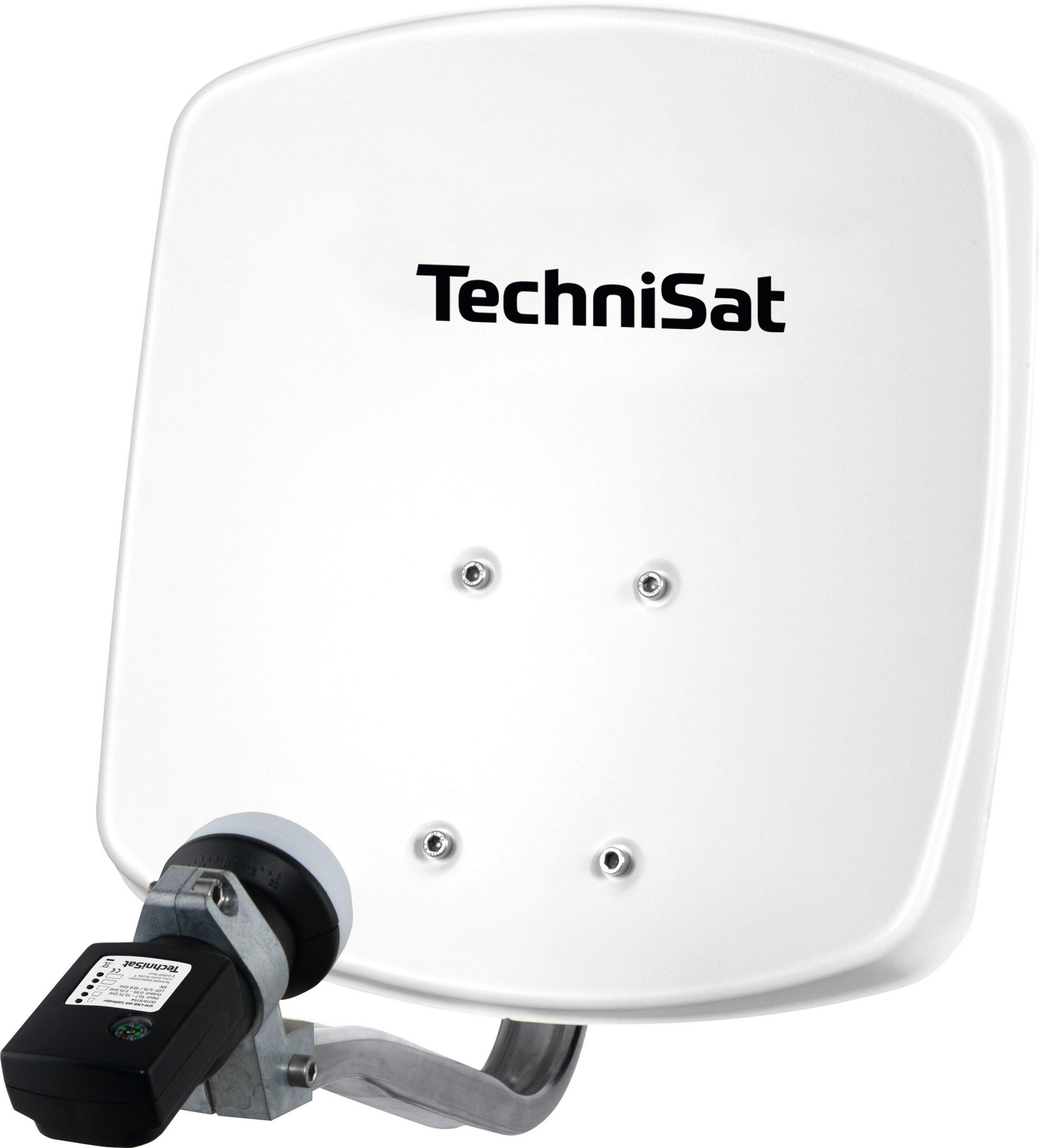 Weiße Satellitenschüssel mit dem TechniSat-Logo und einem Antennenarm. Weißer Hintergrund.