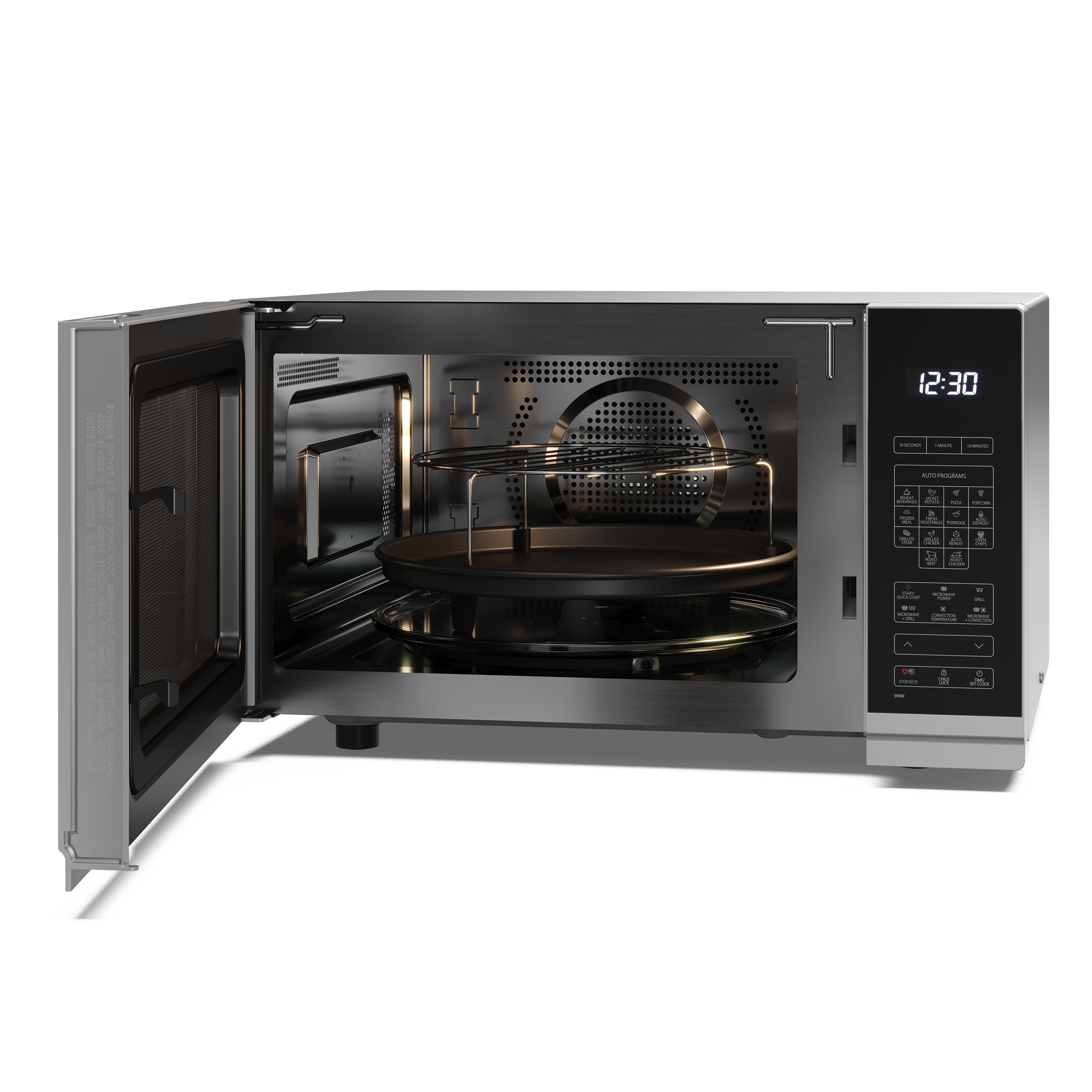 Un forno a microonde in acciaio inossidabile, la porta è aperta e mostra l'interno.