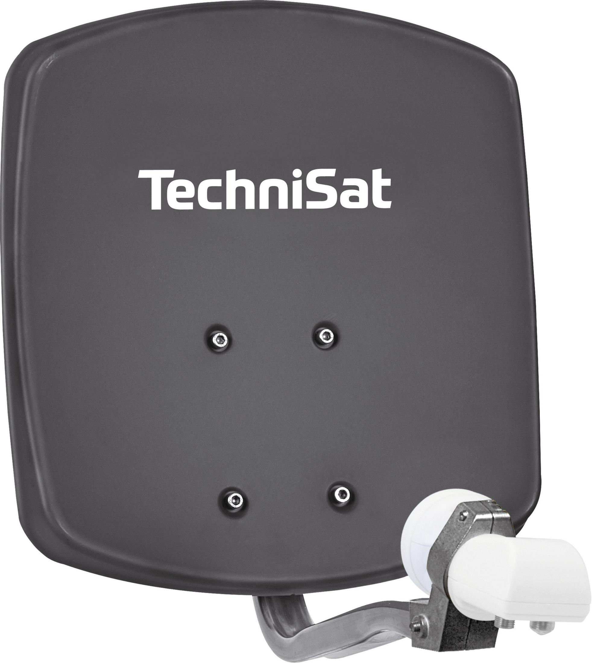 Dunkelgraue Satellitenschüssel mit TechniSat-Logo und weißem LNB.