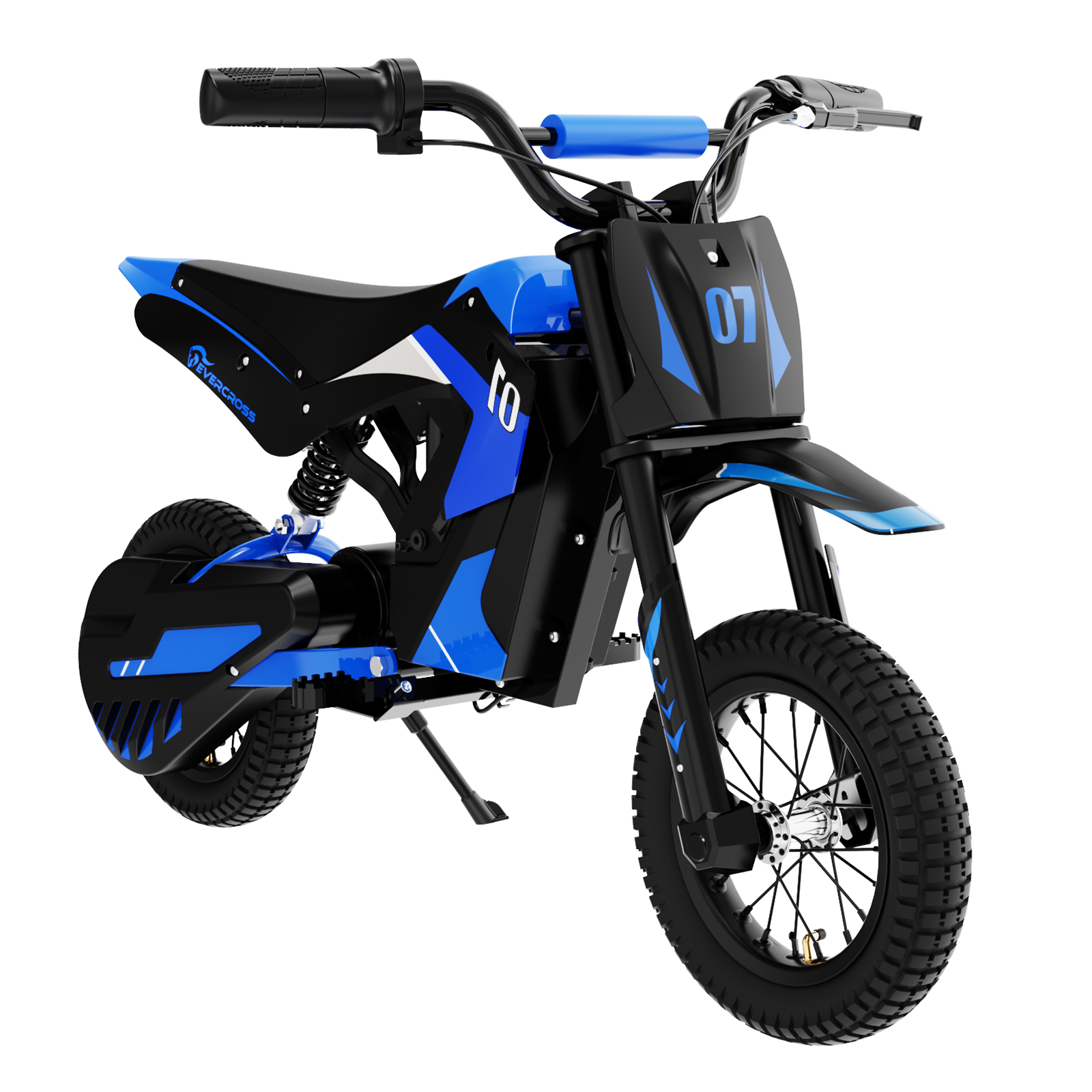 Niebieski i czarny motocykl elektryczny z numerem 07. Białe tło. Widok z przodu i z boku, pod kątem w górę.