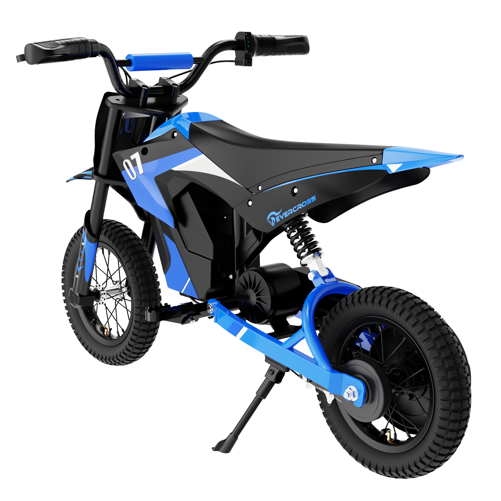 Niebiesko-czarny elektryczny motocykl crossowy na białym tle.