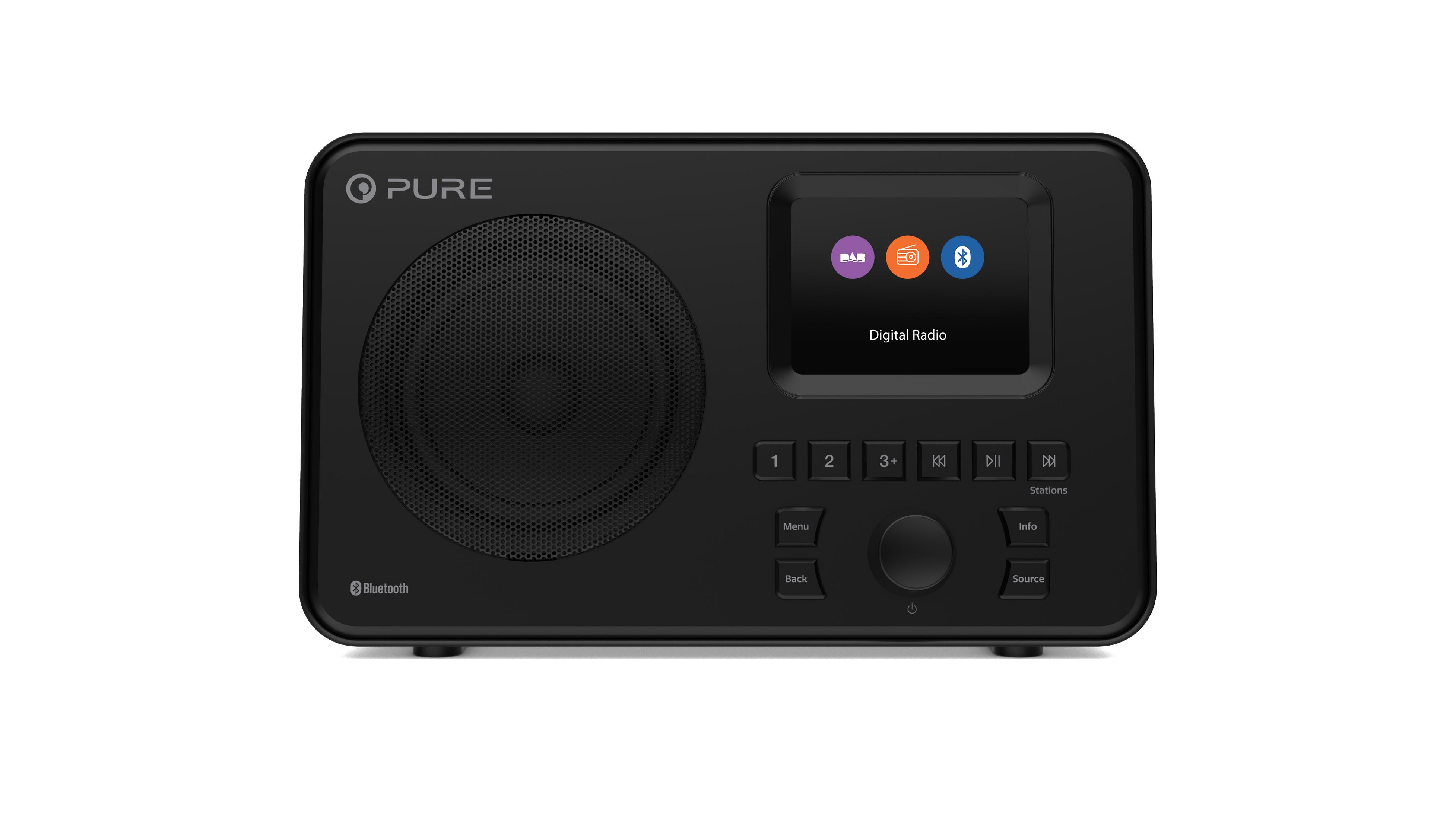 Schwarzes Digitalradio mit Bildschirm und Knöpfen.