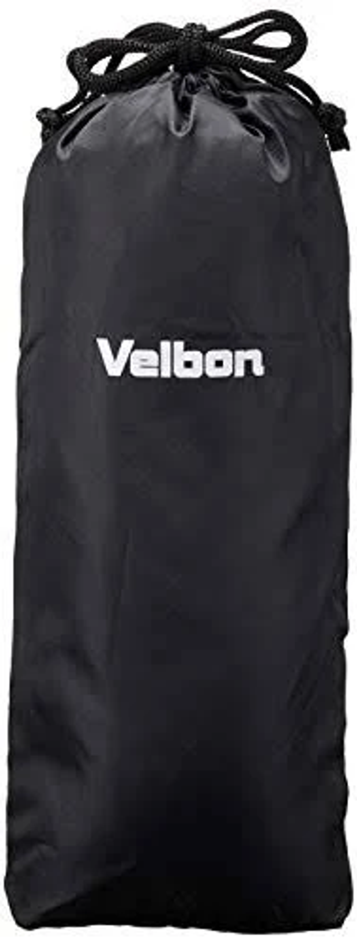 Schwarze Kordelzugtasche mit weißem 'Velbon'-Text, für Stativ.