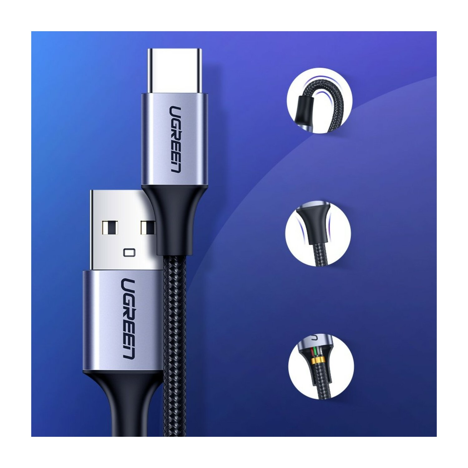 Kabel USB-C do USB z marką UGREEN, z wtyczką USB-C i wtyczką USB-A.
