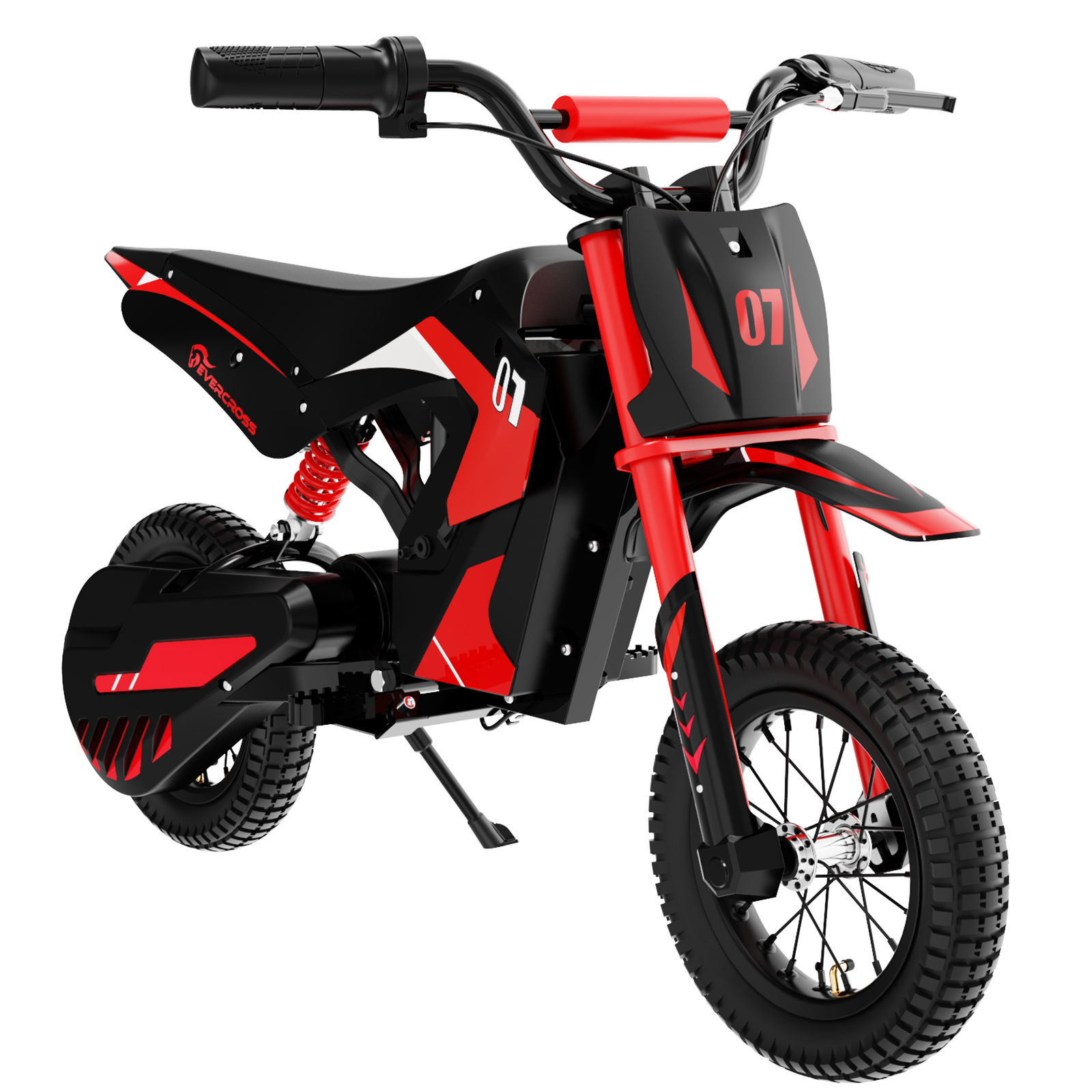 Czerwono-czarny elektryczny motocykl crossowy z numerem 07, na białym tle.