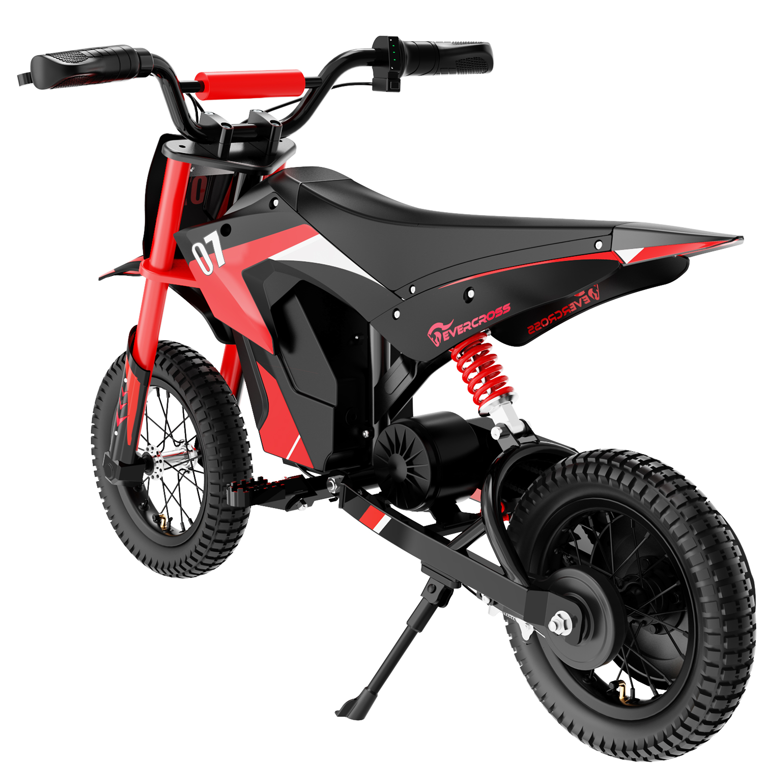 Czerwono-czarny elektryczny motocykl crossowy z numerem 07 na białym tle.