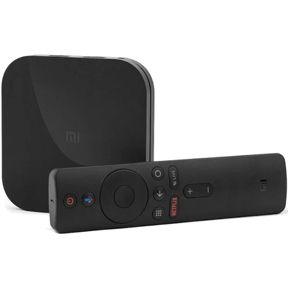 Ein schwarzer Mediaplayer und Fernbedienung, auf einer weißen Oberfläche angeordnet.