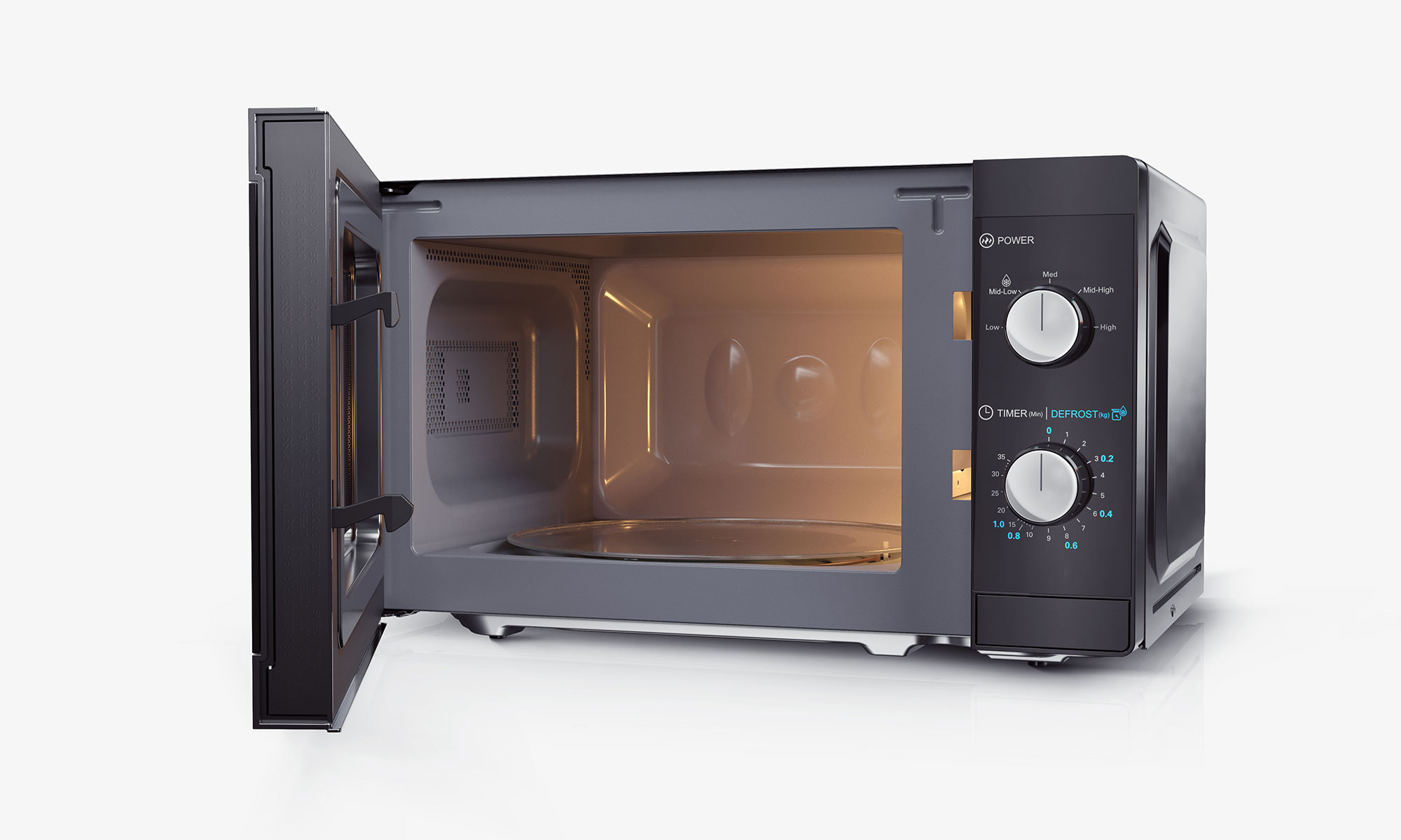 Magnetron, zwart met een open deur. Bediening aan de rechterkant. Witte achtergrond.