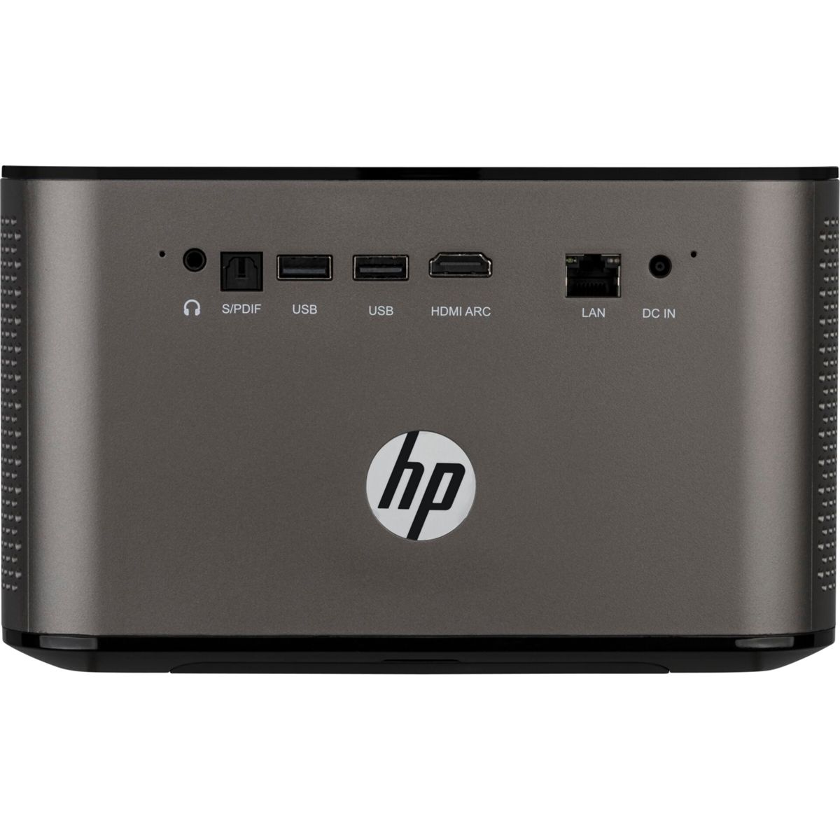 Rückansicht eines dunkelgrauen HP-Computers. Er hat mehrere Anschlüsse, darunter USB, HDMI und LAN, mit HP-Logo.