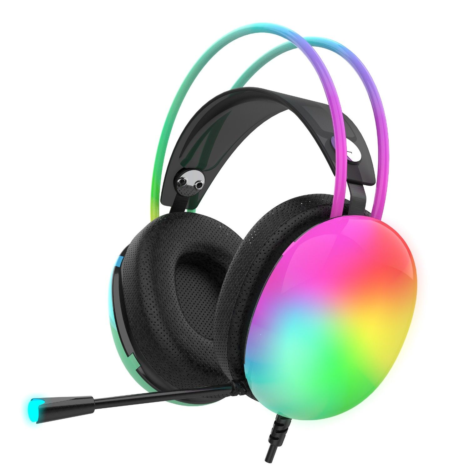 Una cuffia da gioco colorata con un microfono è mostrata su sfondo bianco.