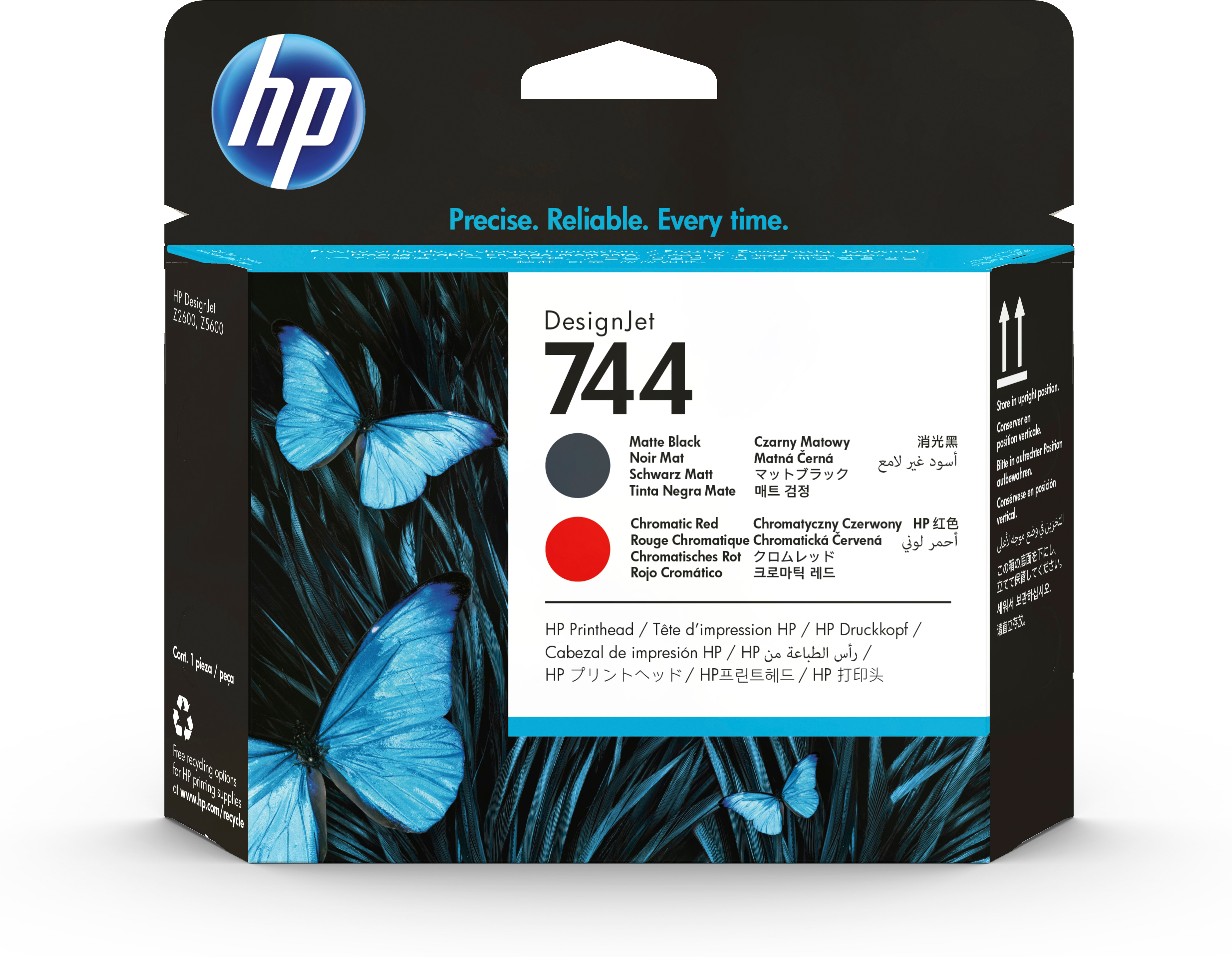 Una scatola di cartucce d'inchiostro HP DesignJet 744. Presenta farfalle blu e testo multilingue.