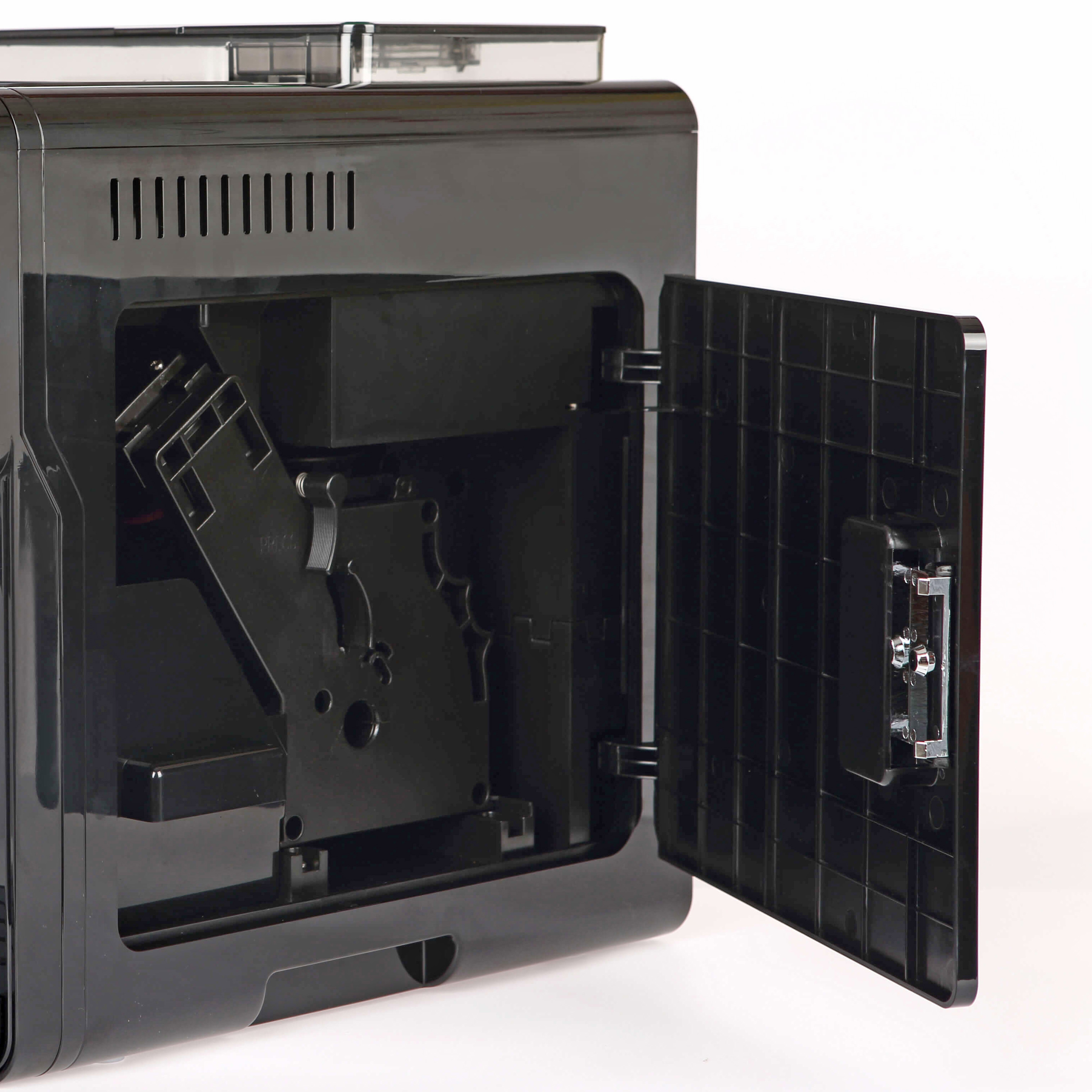 Czarny ekspres do kawy z otwartymi drzwiami odsłaniającymi wewnętrzne elementy, na białym tle.