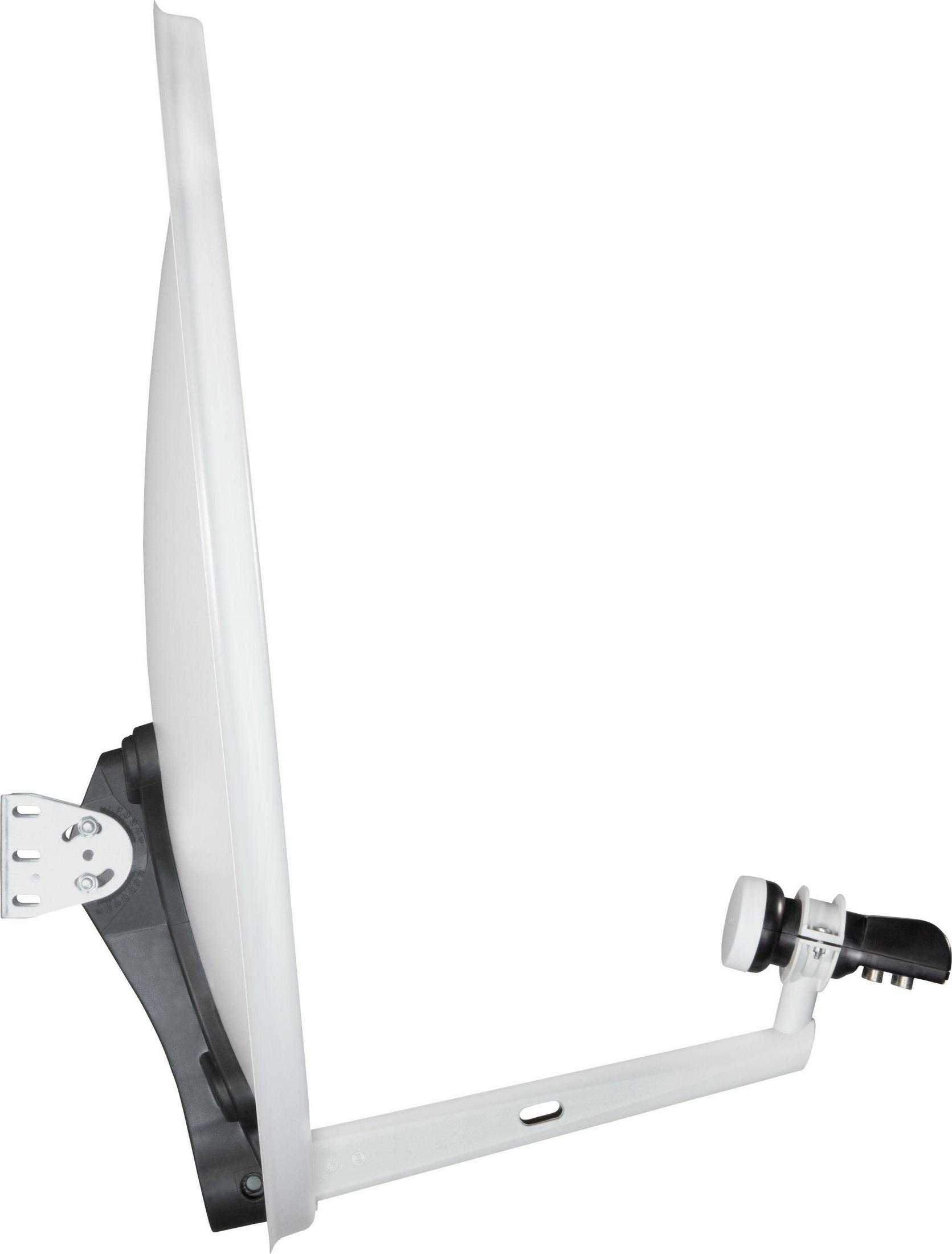 Weiße Satellitenschüssel und Arm, Seitenansicht, isoliert auf weißem Hintergrund.