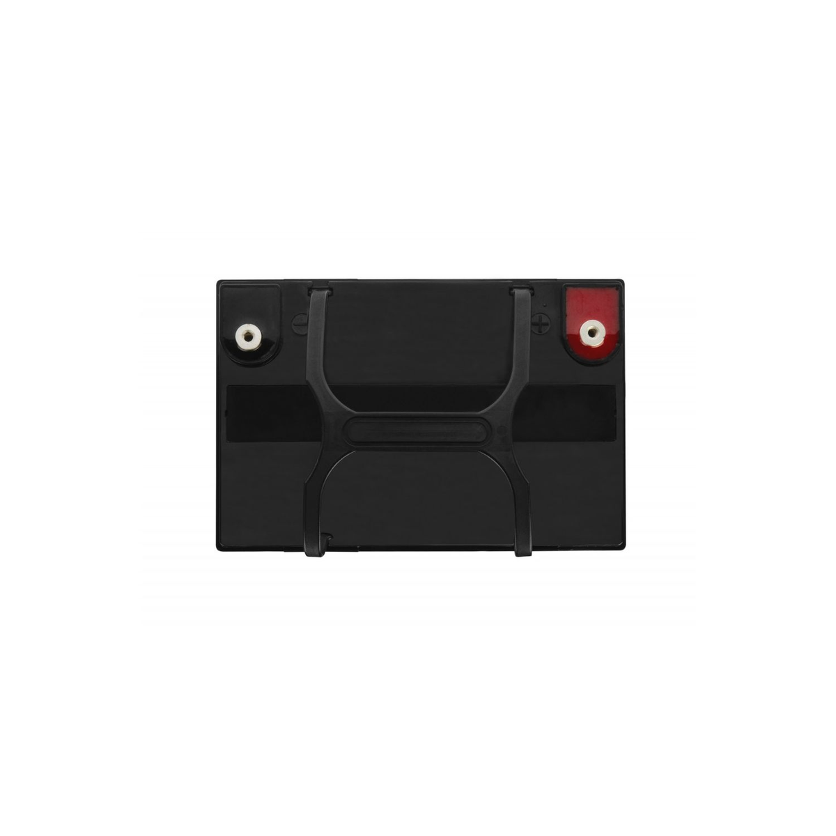Batería rectangular negra con terminales rojos y blancos.