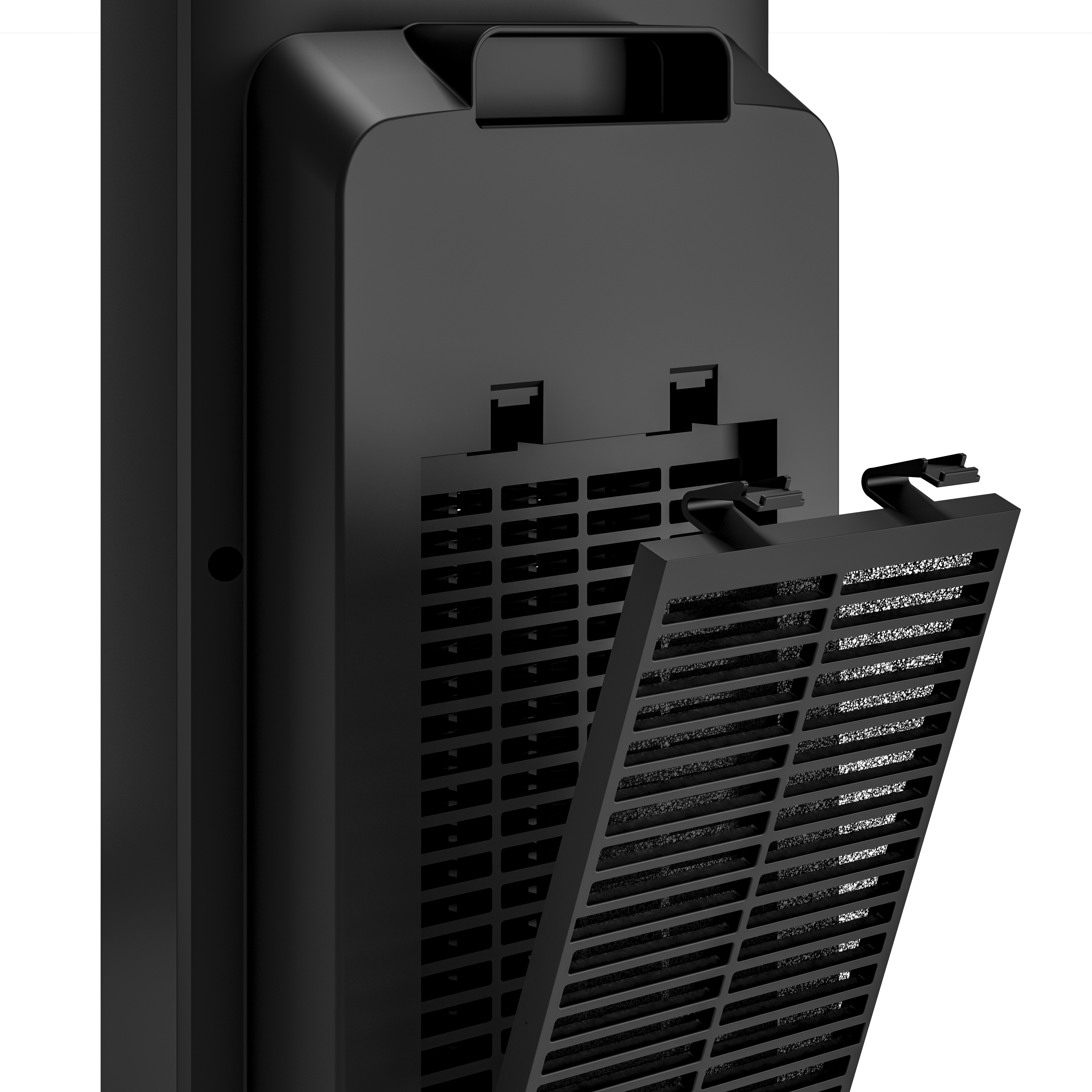 Zbliżenie tyłu czarnego oczyszczacza powietrza z wyjmowanym filtrem.