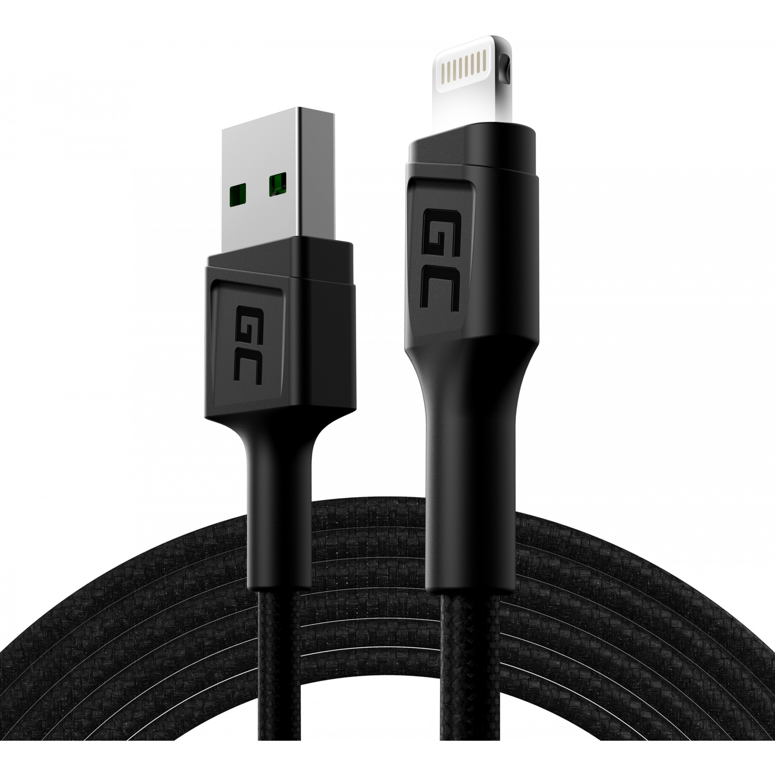 Un cavo da USB a Lightning nero, con il marchio 'GC' sui connettori.
