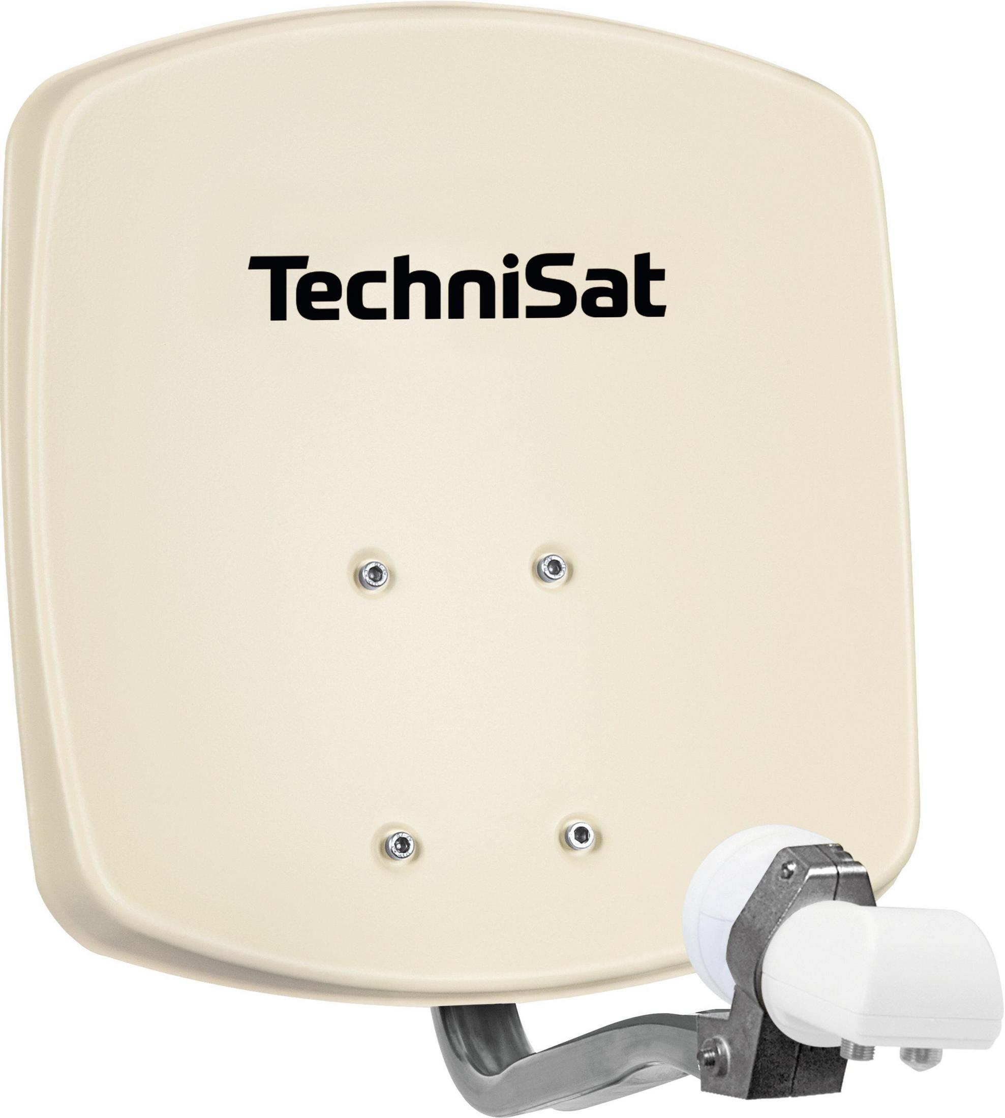 Eine beige Satellitenschüssel mit dem TechniSat-Logo, montiert auf einem weißen Arm, isoliert auf Weiß.