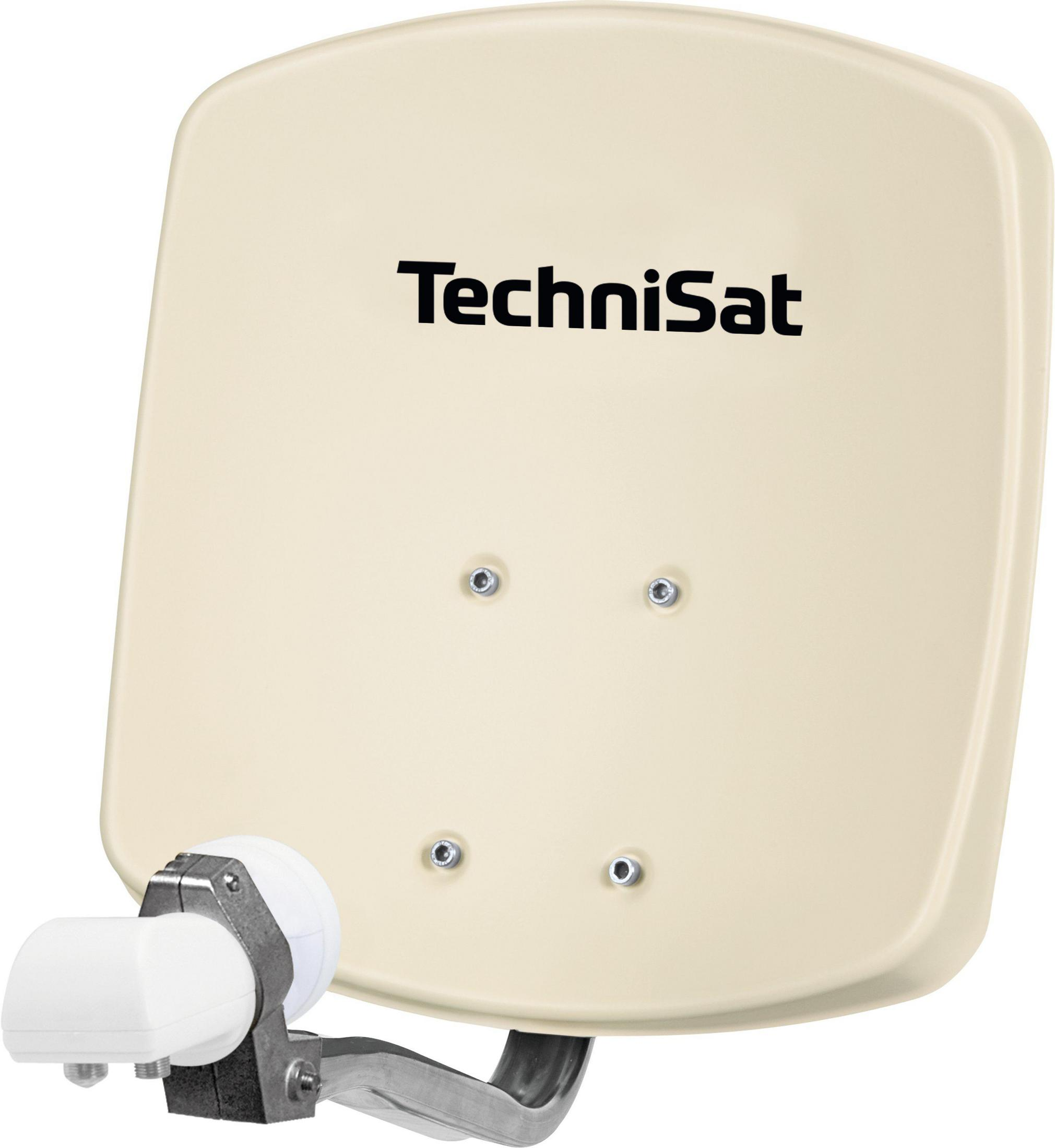 Eine beige TechniSat-Satellitenschüssel mit dem TechniSat-Logo und Befestigungsmaterial.