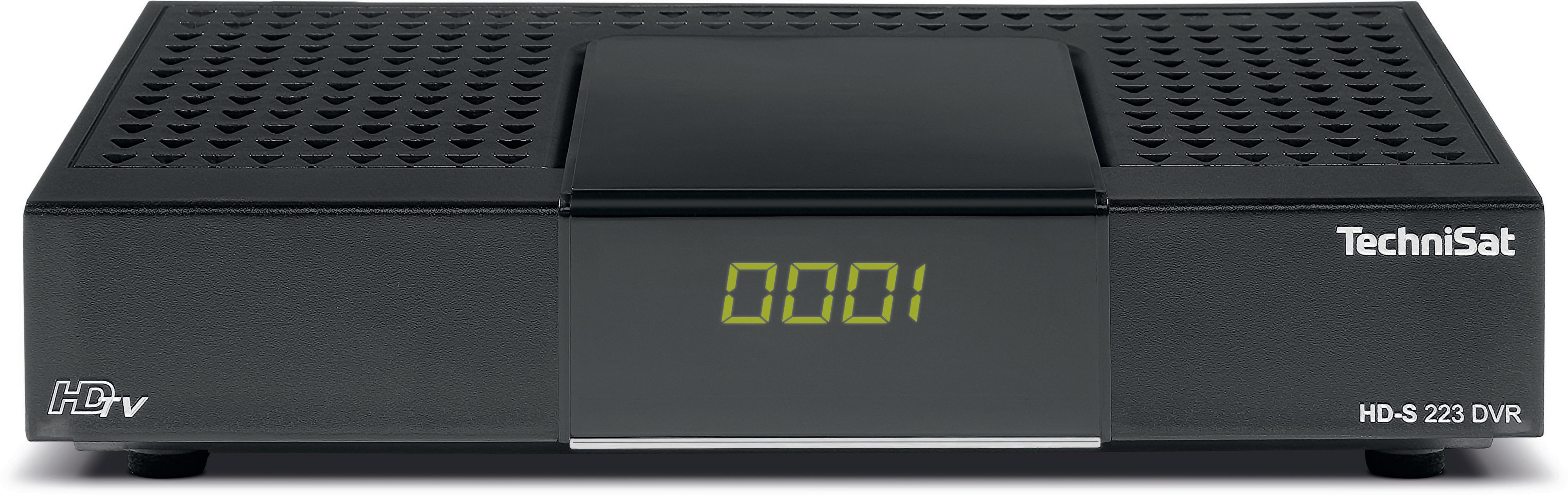 Schwarze TechniSat HD S 223 DVR Set-Top-Box. Es hat eine Anzeige mit Zahlen.