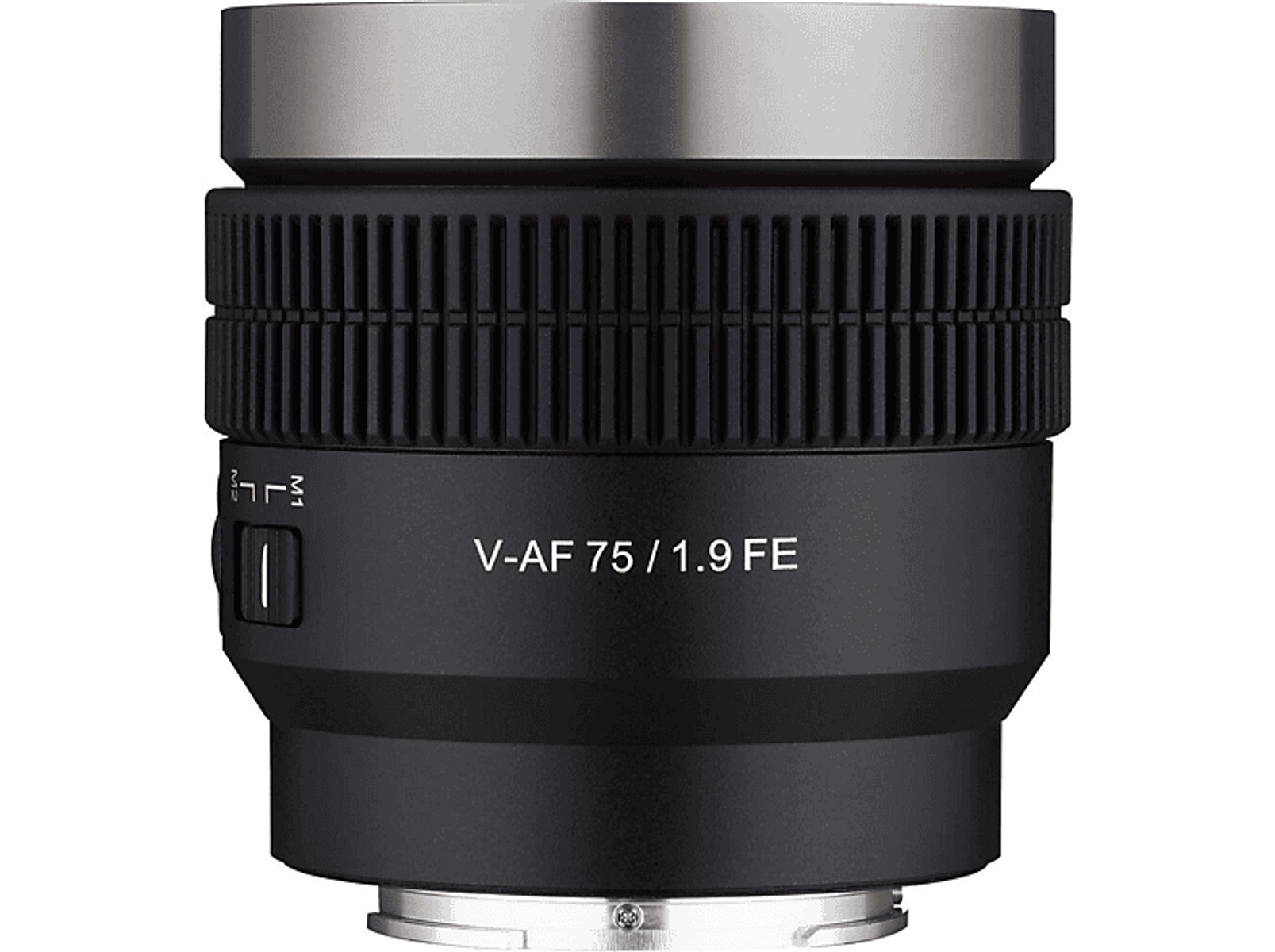 Czarny obiektyw z srebrną górą i detalami, widoczna nazwa produktu V-AF 75/1.9 FE.