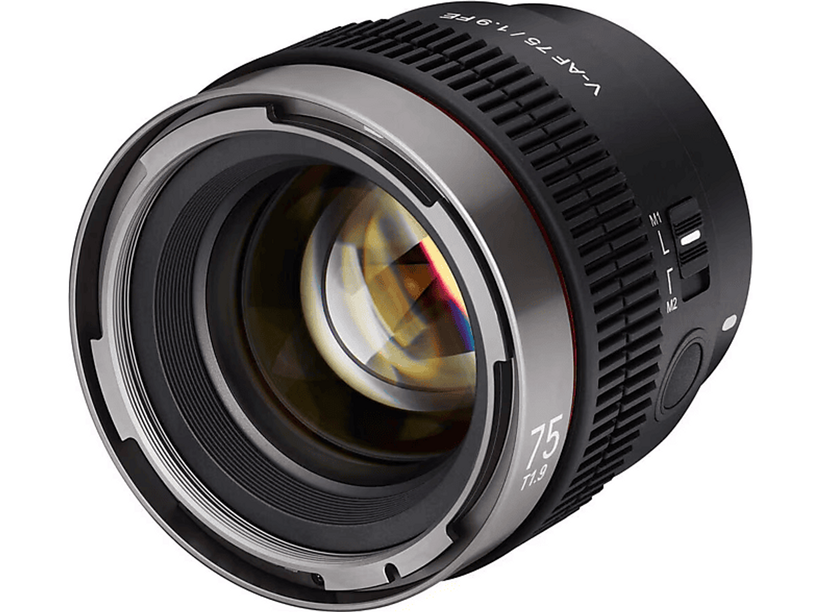 Czarny obiektyw aparatu ze srebrnym pierścieniem i cyframi.