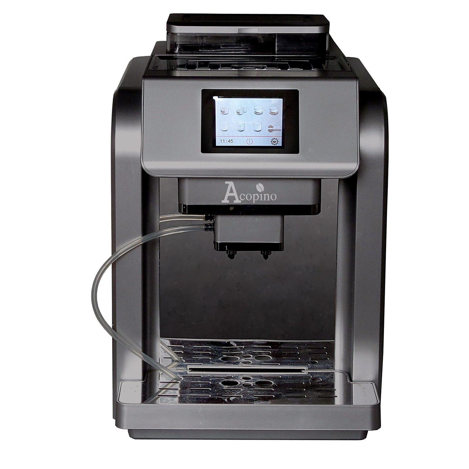 Eine silbergraue Kaffeemaschine mit Touchscreen. Der Markenname 'Acopino' ist sichtbar.