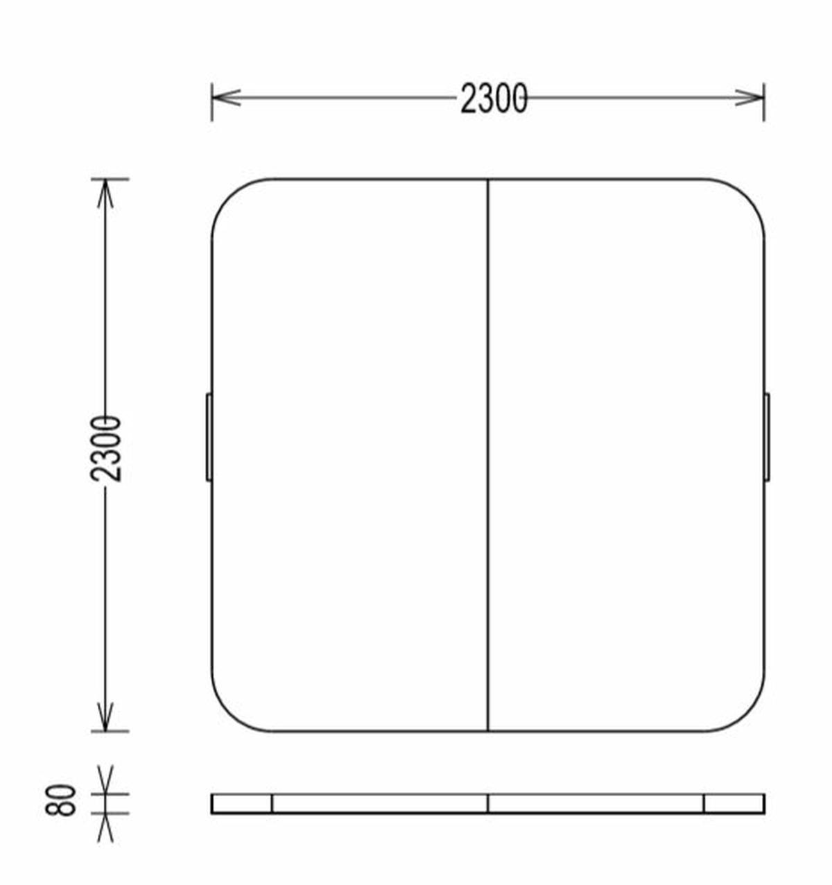 Diagramm eines Quadrats mit den Maßen: 2300x2300 und 80. Zwei Seiten sind beschriftet.
