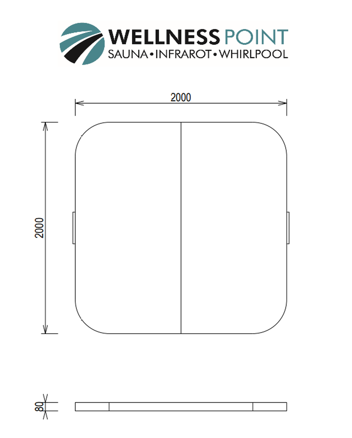 Diagramm einer Wellness-Point-Sauna mit Abmessungen auf weißem Hintergrund.