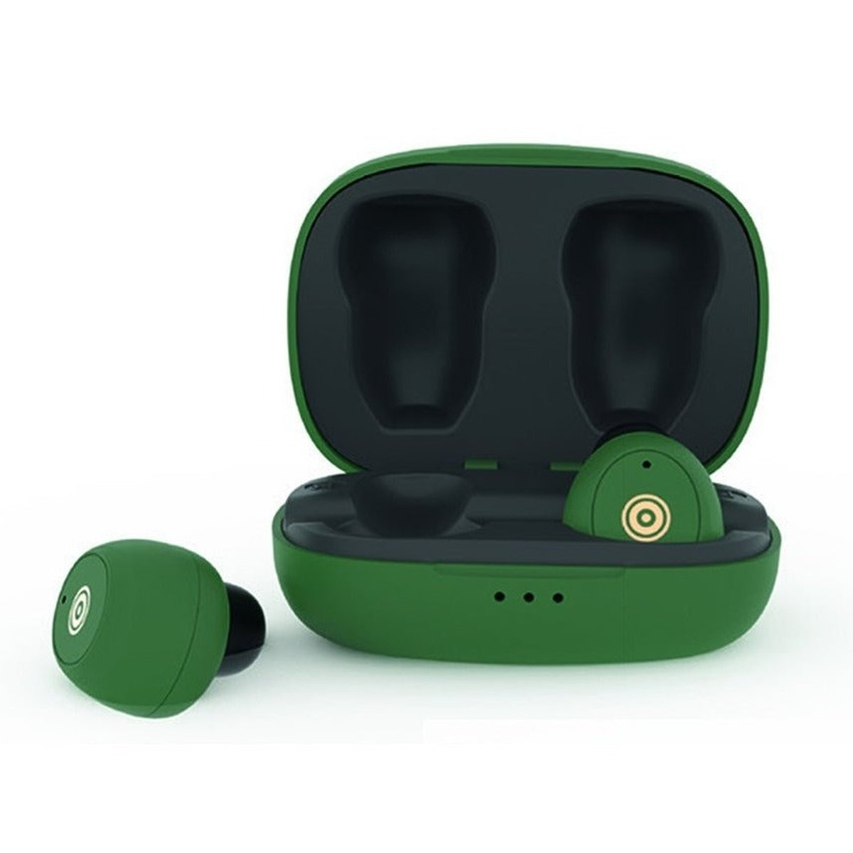 Green earbuds and charging case. One earbud is outside the case. White background.