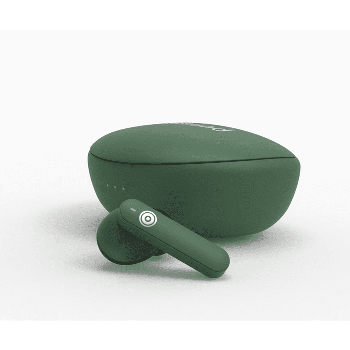 Green wireless earbuds and charging case on a white surface. Earbud is in the case.