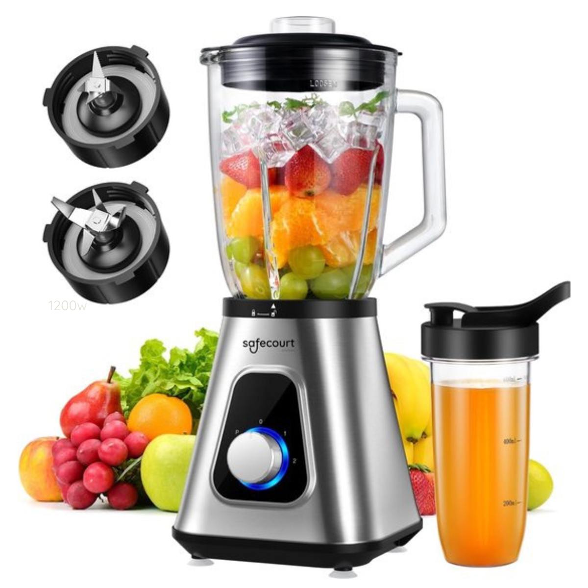 Blender with two extra blades, fruits and a shake cup. A blue dial is visible.