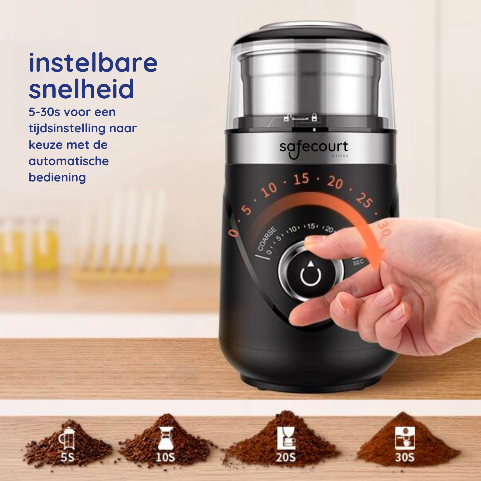 Black coffee grinder with adjustable speed settings (5-30s). Ground coffee piles with settings indicators.